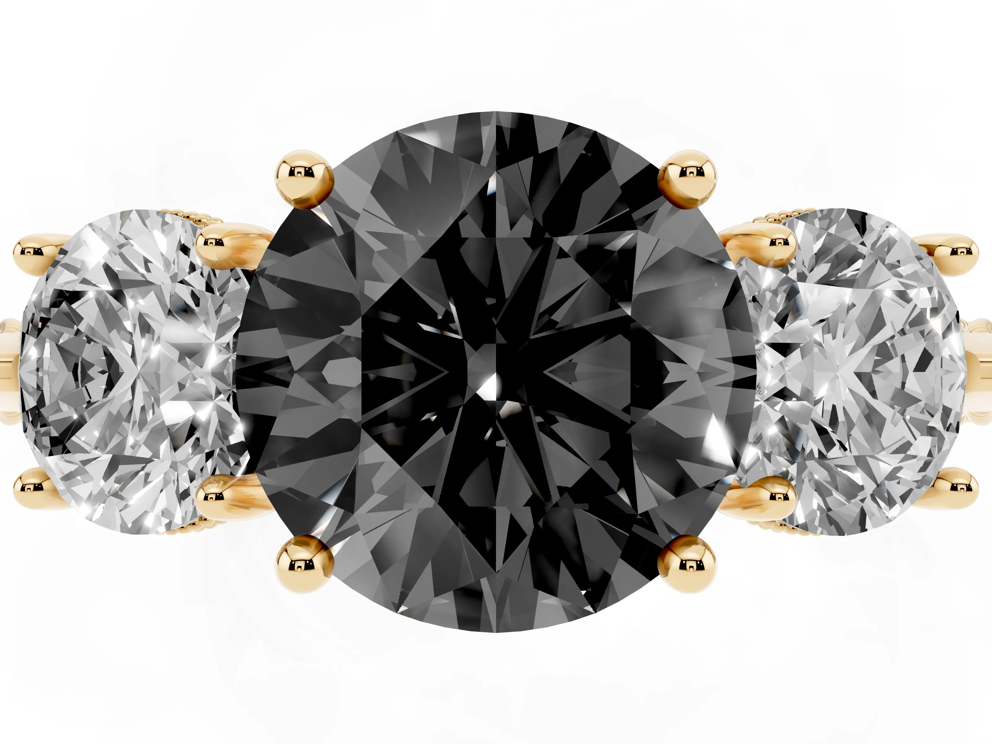 Fancy Black Round Cut Diamond Three-Stone Ring Set in Yellow gold with Milgrain Band