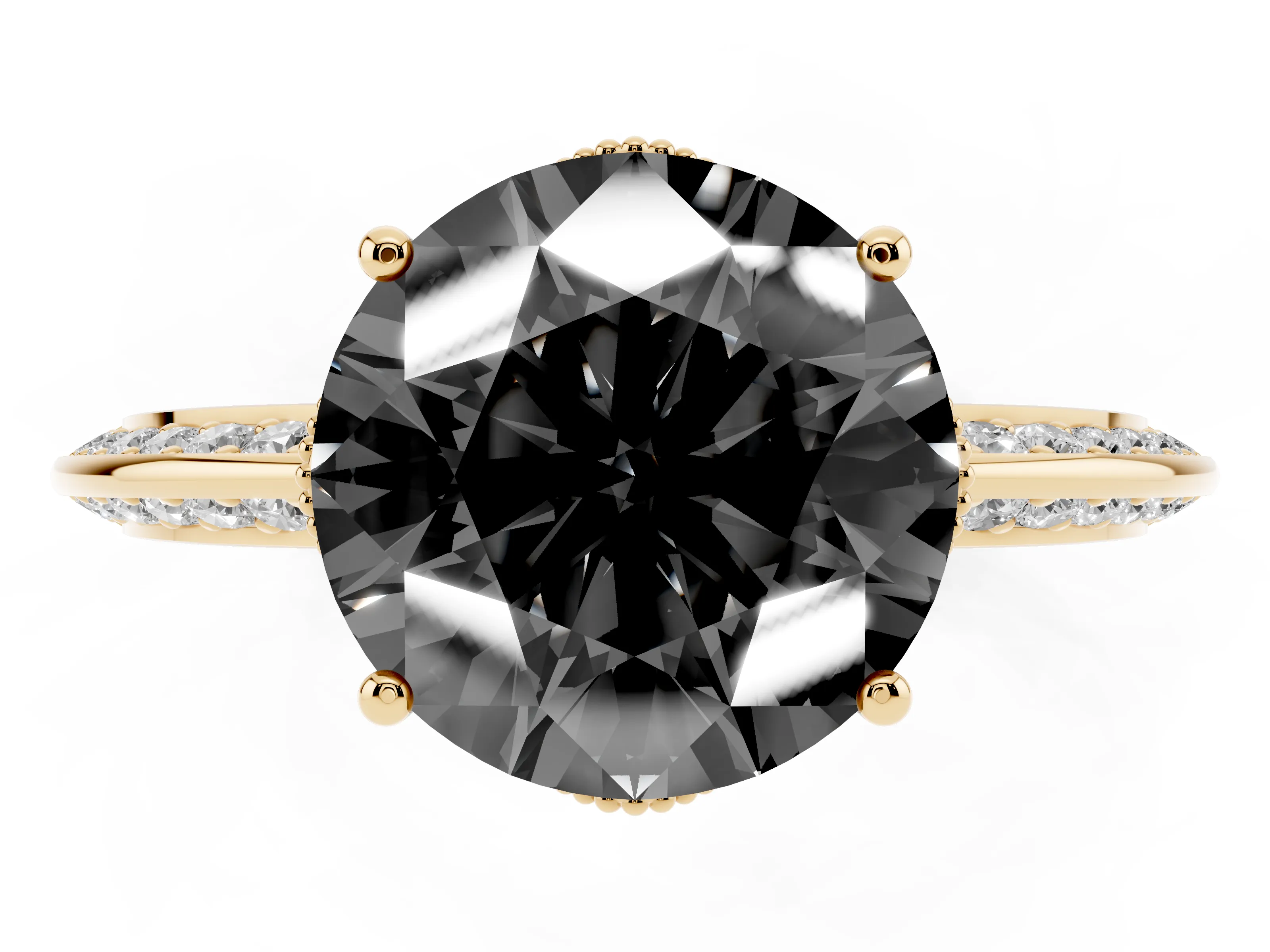 Fancy Black Round Cut Diamond Solitaire Engagement Ring Set in Yellow gold with Pavé Split Shank and Prong Setting