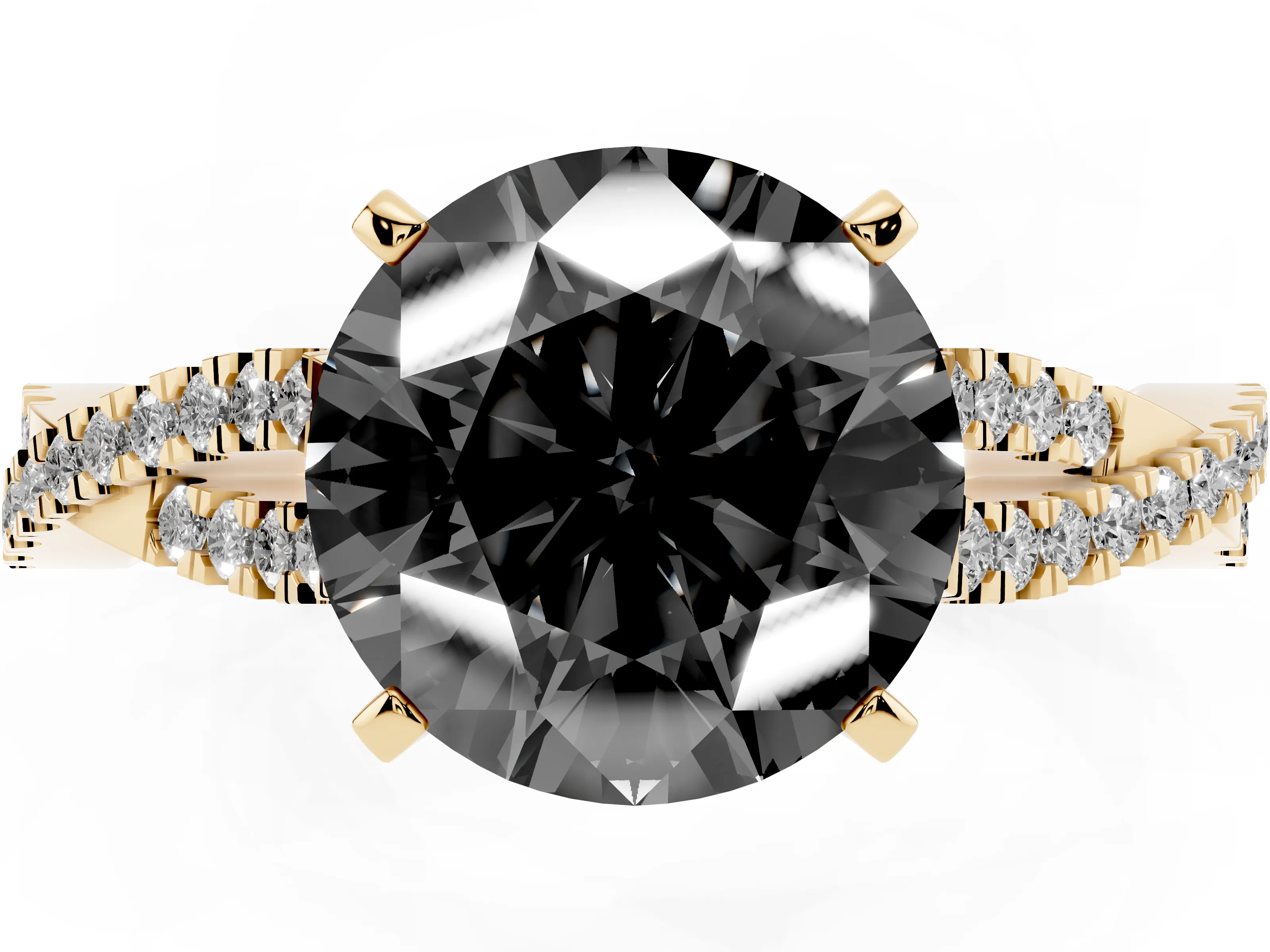 Fancy Black Round Cut Diamond Solitaire Engagement Ring Set in Yellow gold with Twisted Pavé Band and Prong Setting