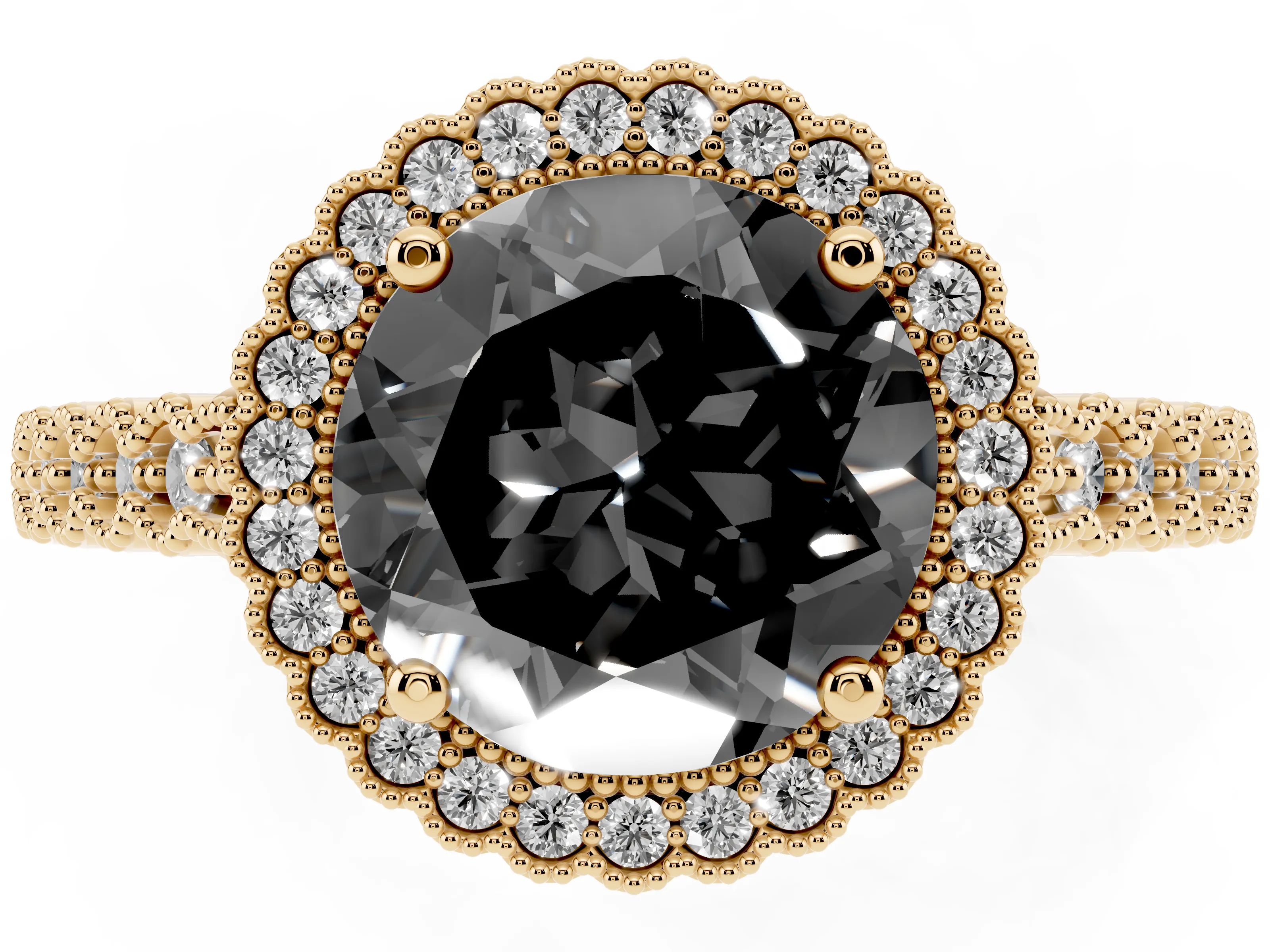 Fancy Black Round Cut Diamond Halo Ring Set in Yellow gold with Pavé Milgrain Band