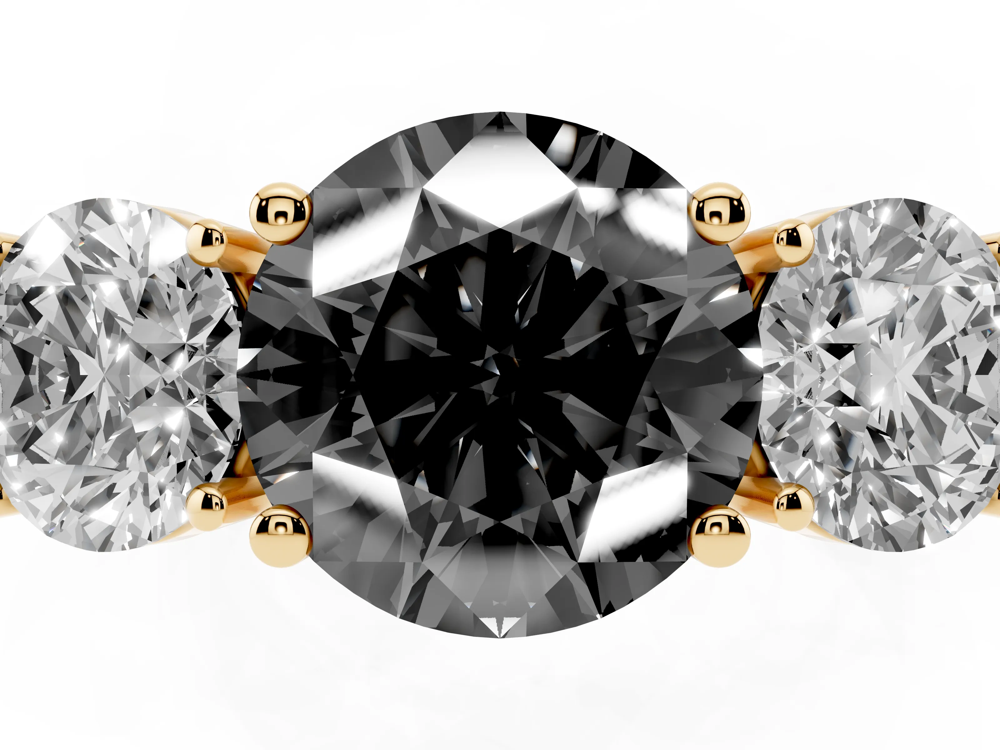 Fancy Black Round Cut Diamond Three-Stone Engagement Ring Set in Yellow gold with Flat Band