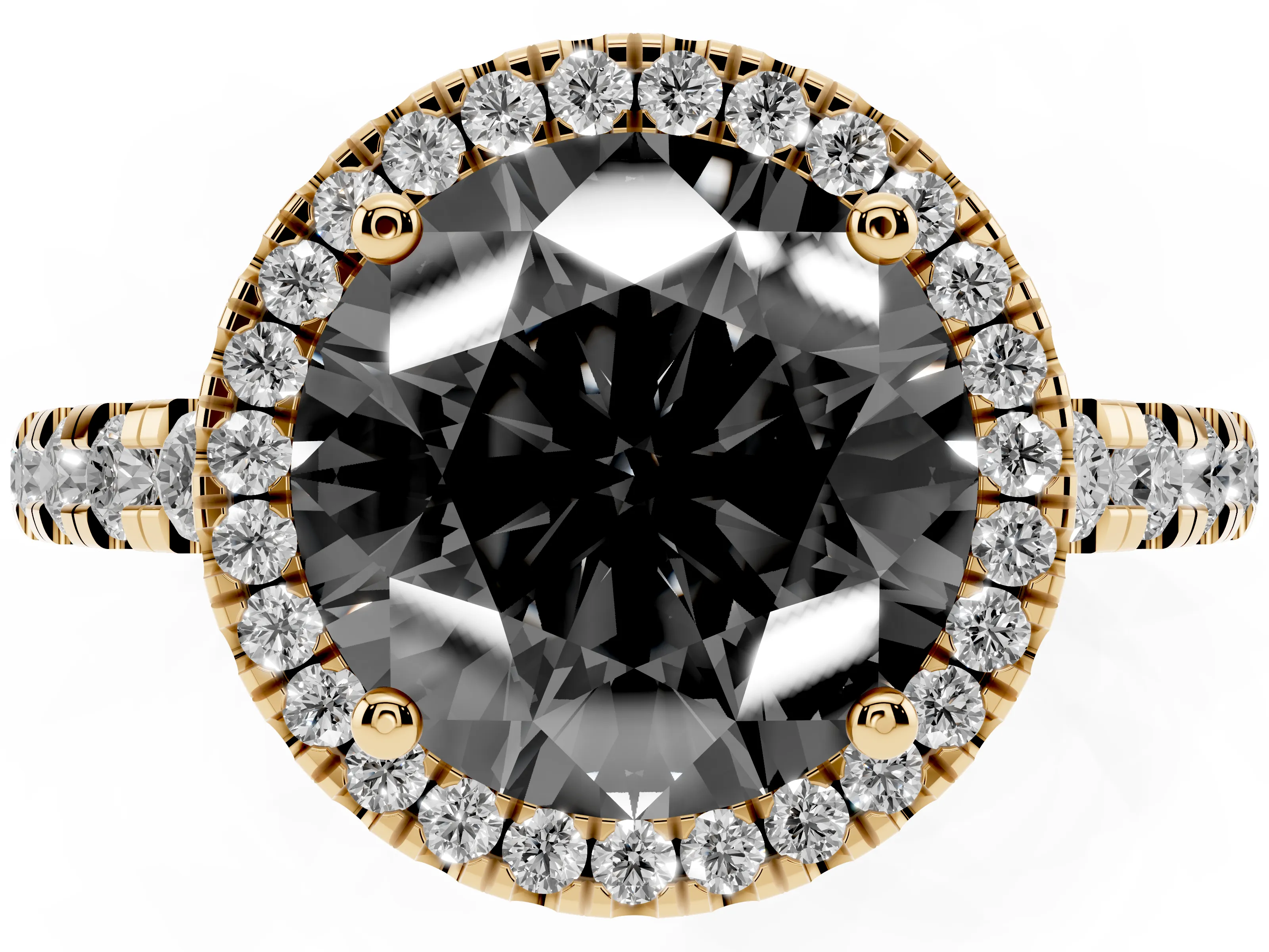 Fancy Black Round Cut Diamond Halo Ring Set in Yellow gold with Delicate Pavé Band and Prong Setting