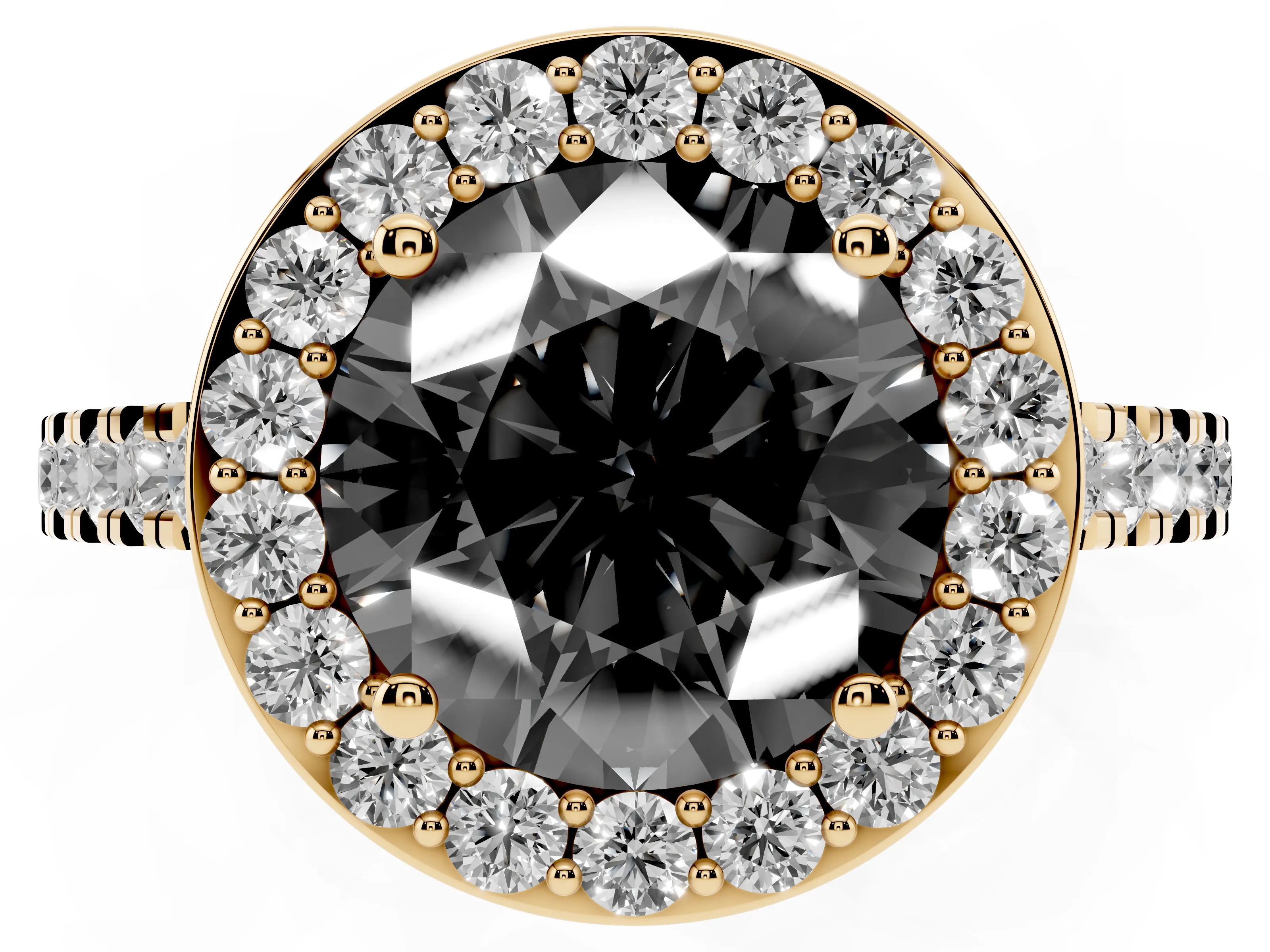 Fancy Black Round Cut Diamond Halo Ring Set in Yellow gold with Round Pavé Split Shank and Prong Setting