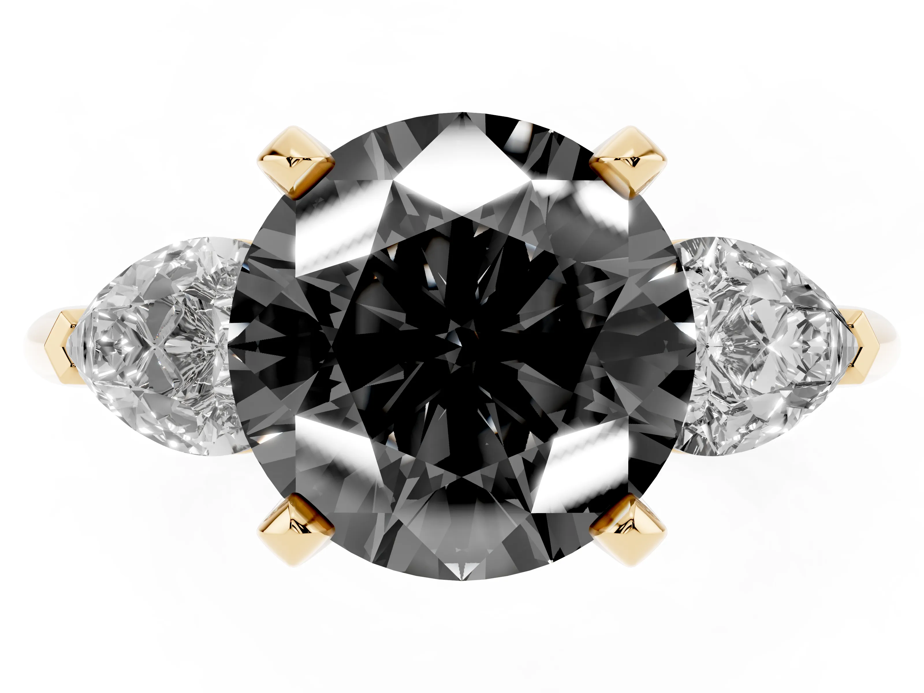 Fancy Black Three-Stone Round Cut Diamond Ring Set in Yellow gold with Pear Side Stones and Prong Setting