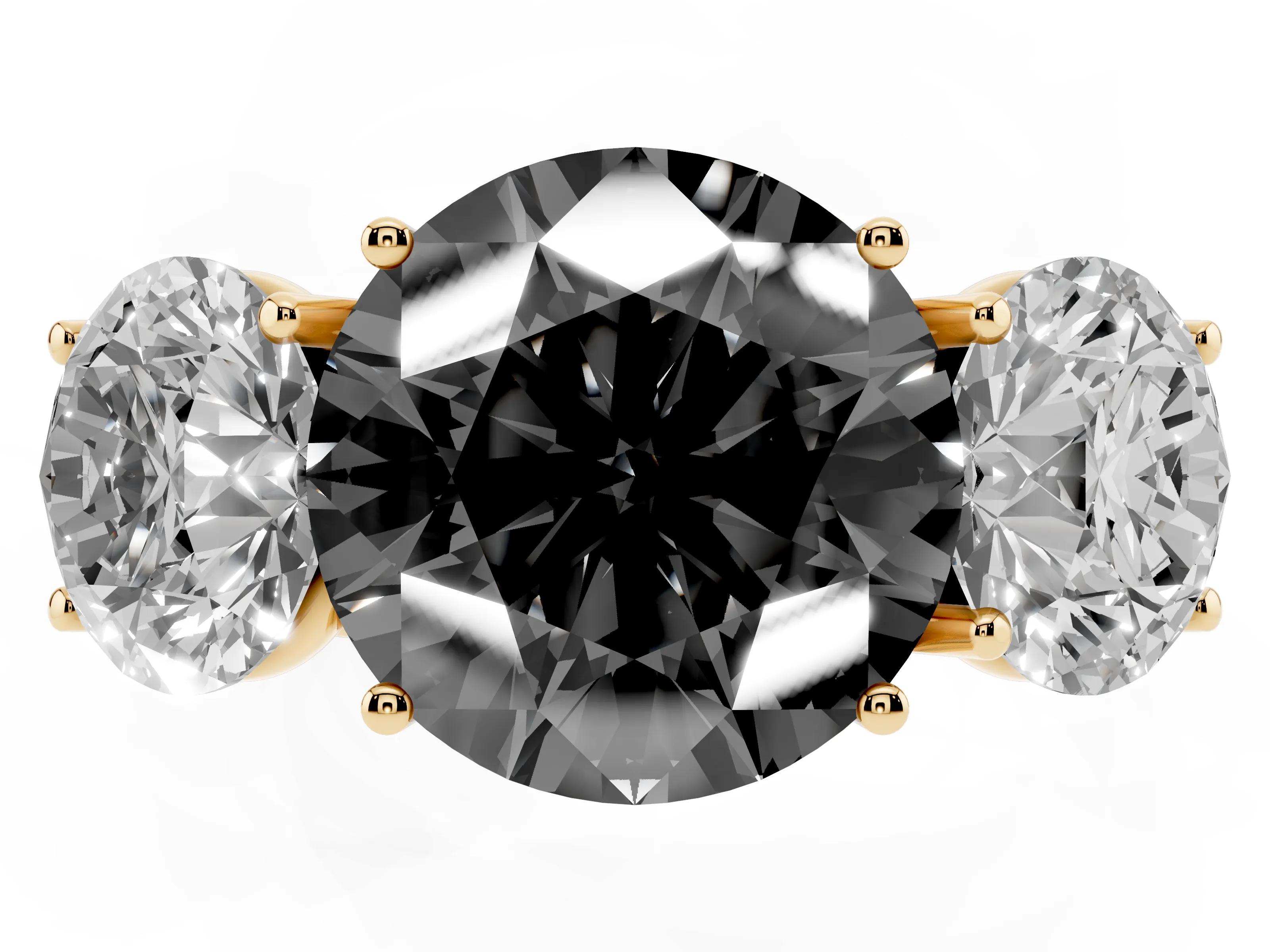 Fancy Black Round Cut Diamond Three-Stone Ring Set in Yellow gold with Braided Band