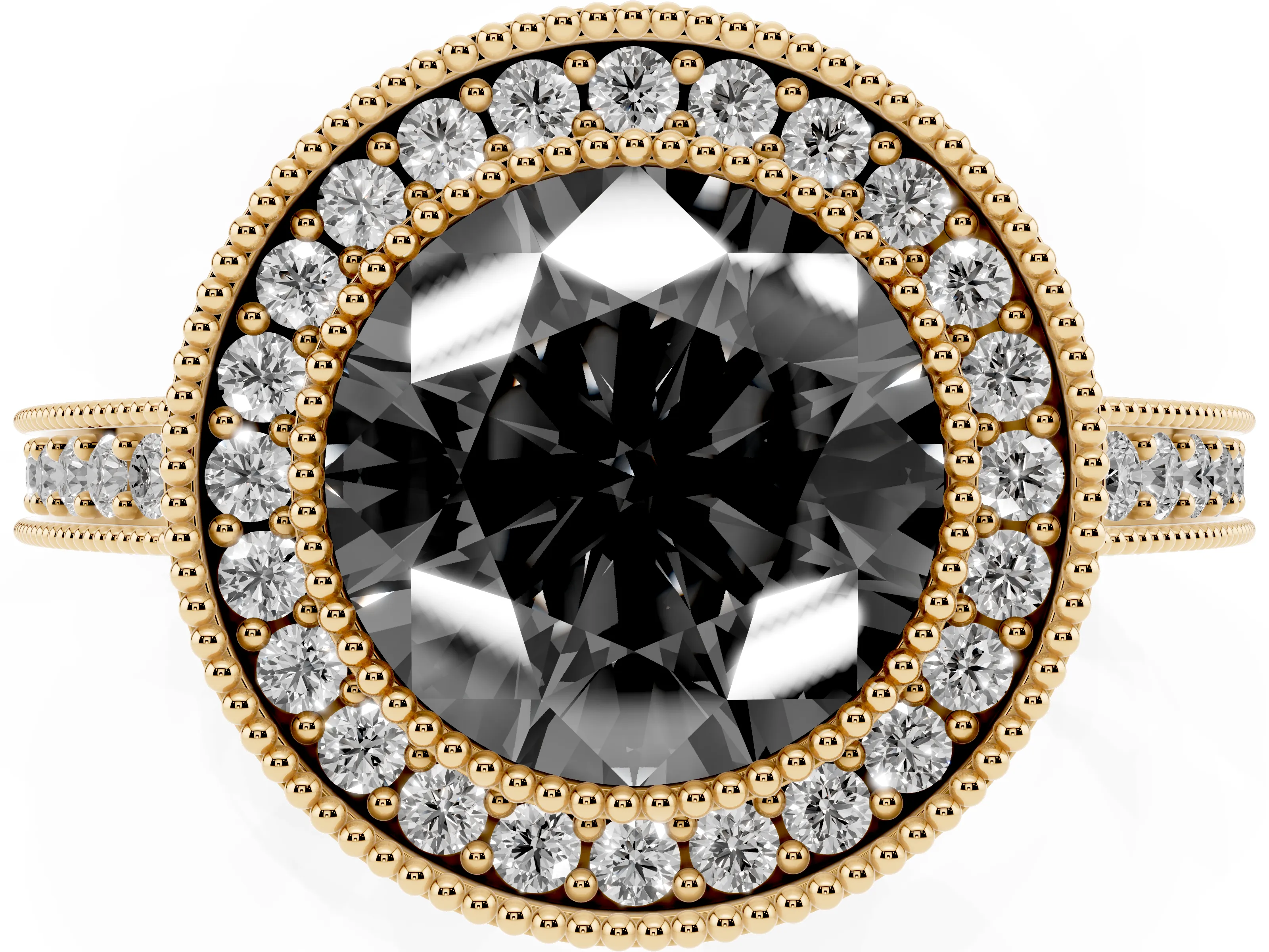Fancy Black Round Cut Diamond Round Halo Ring Set in Yellow gold with Pavé Band