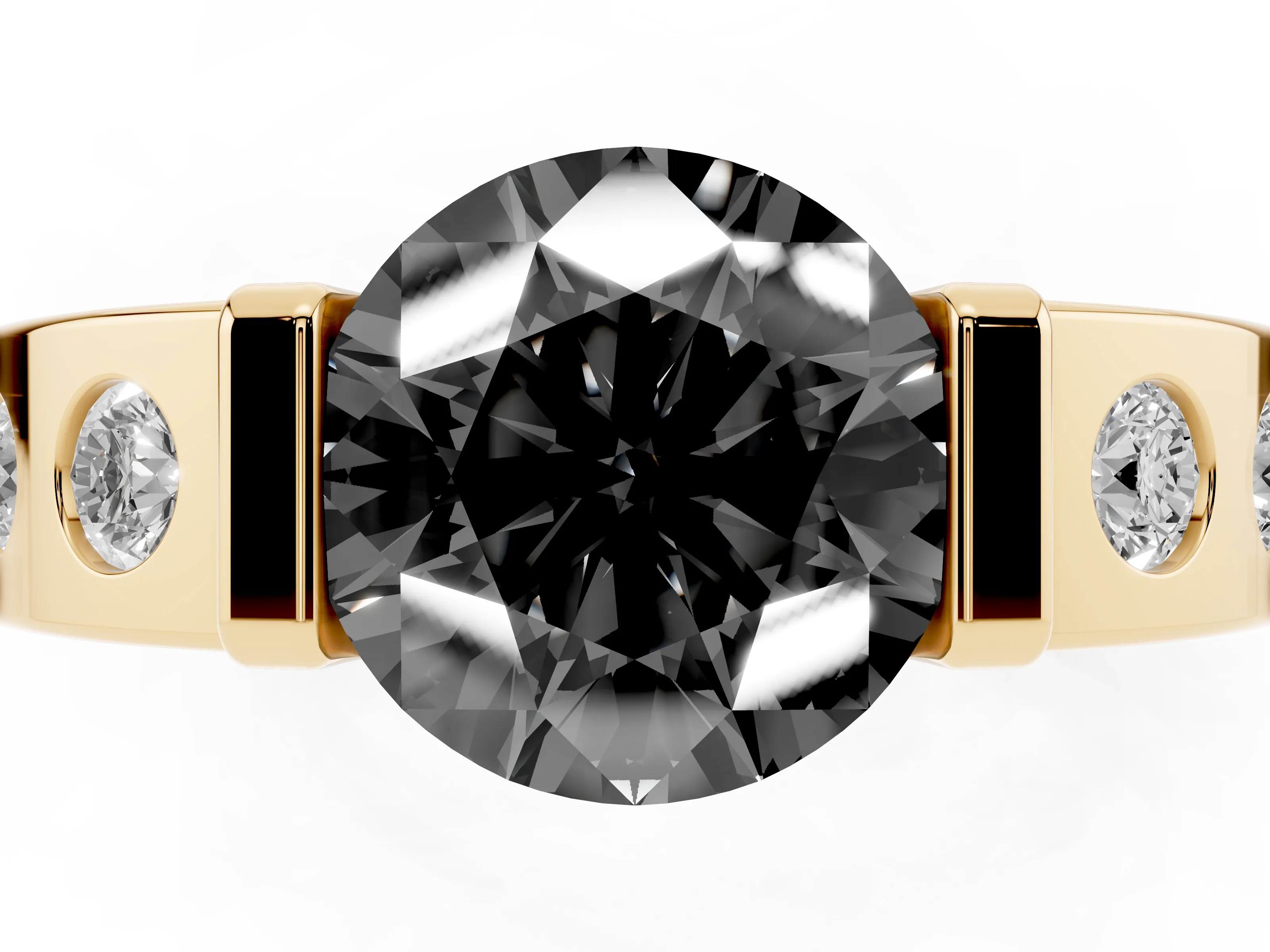 Fancy Black Round Cut Diamond Channel-Set Band Ring Set in Yellow gold with Bezel Prong Setting