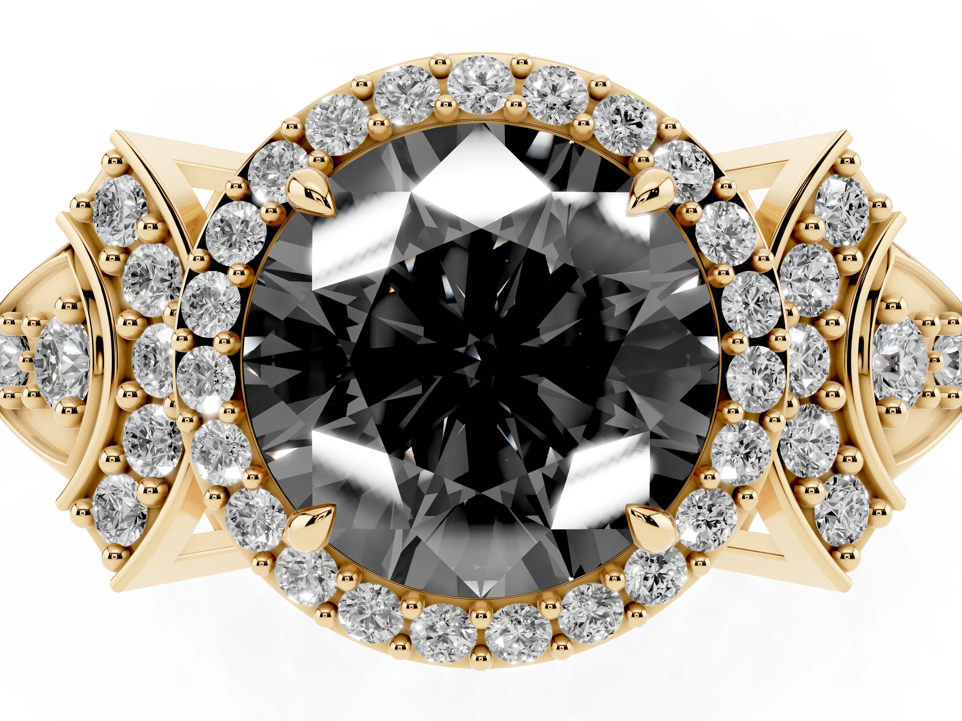 Fancy Black Round Cut Diamond Halo Engagement Ring Set in Yellow gold with Accent Stone Split Shank