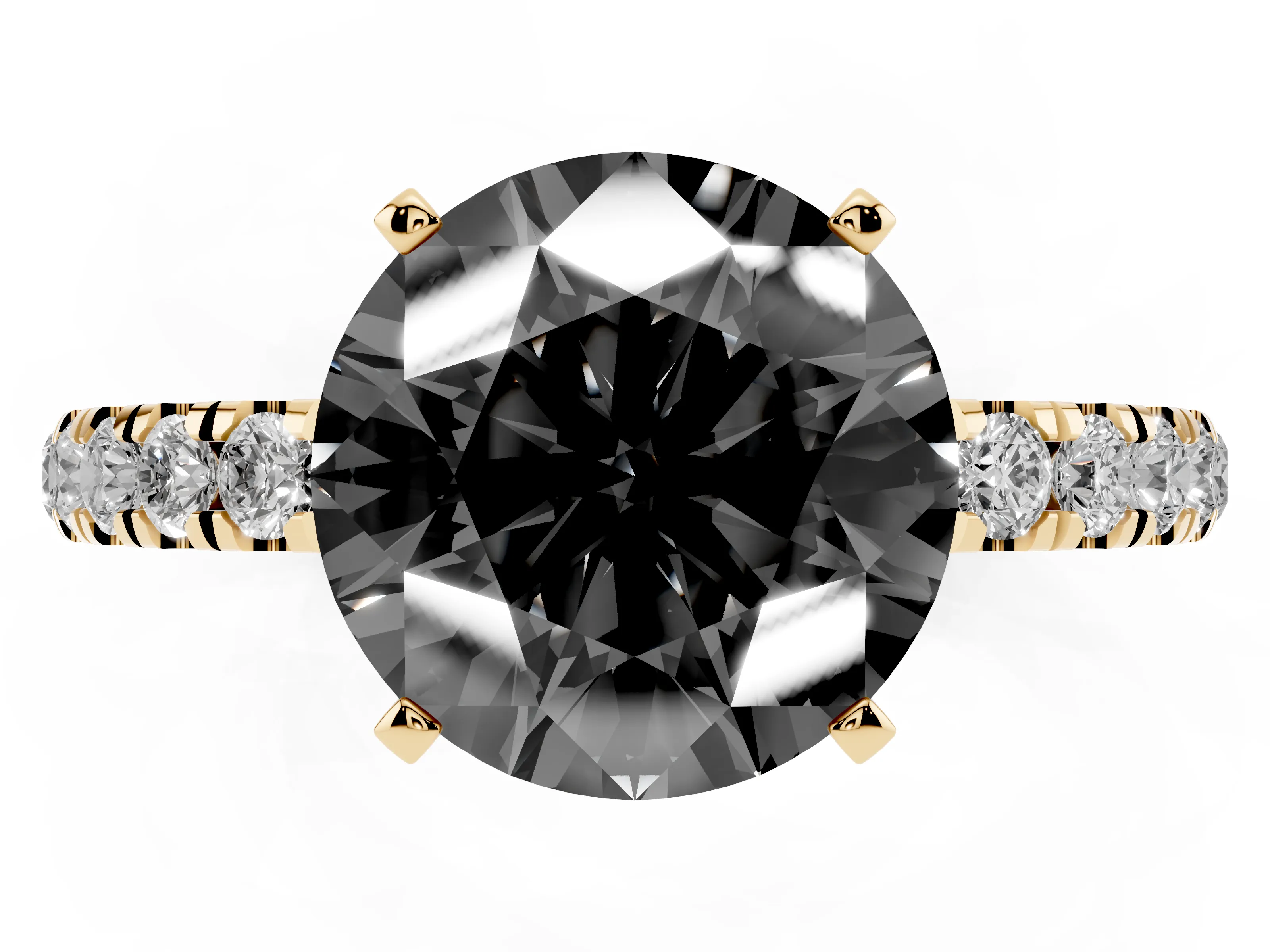 Fancy Black Round Cut Diamond Solitaire Ring Set in Yellow gold with Pavé Accents and Prong Setting