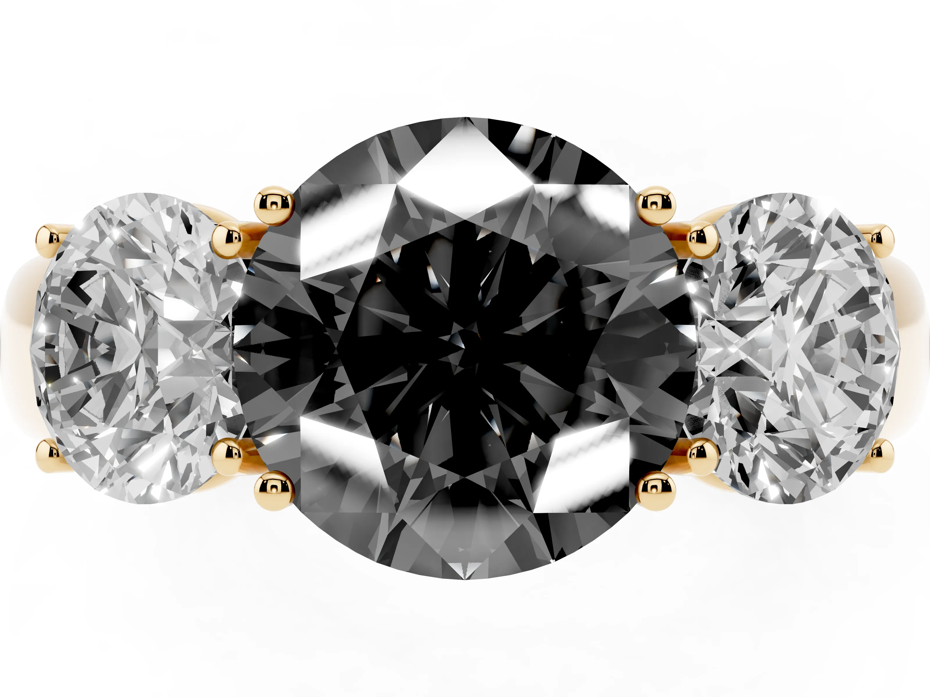 Fancy Black Three-Stone Round Cut Diamond Ring Set in Yellow gold with Matching Prong Settings and Plain Band