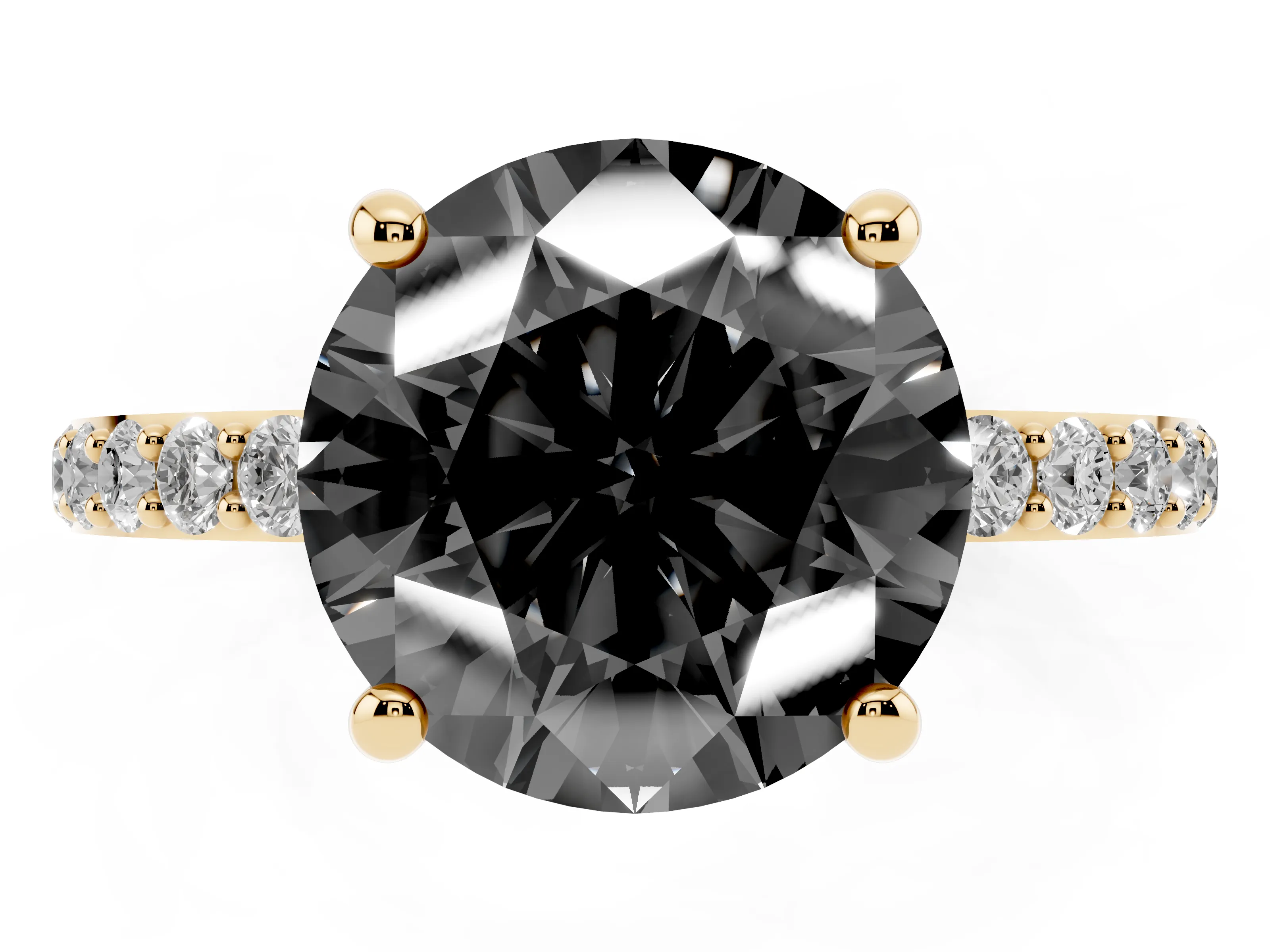 Fancy Black Round Cut Diamond Solitaire Ring Set in Yellow gold with Round Pavé Band and Prong Setting