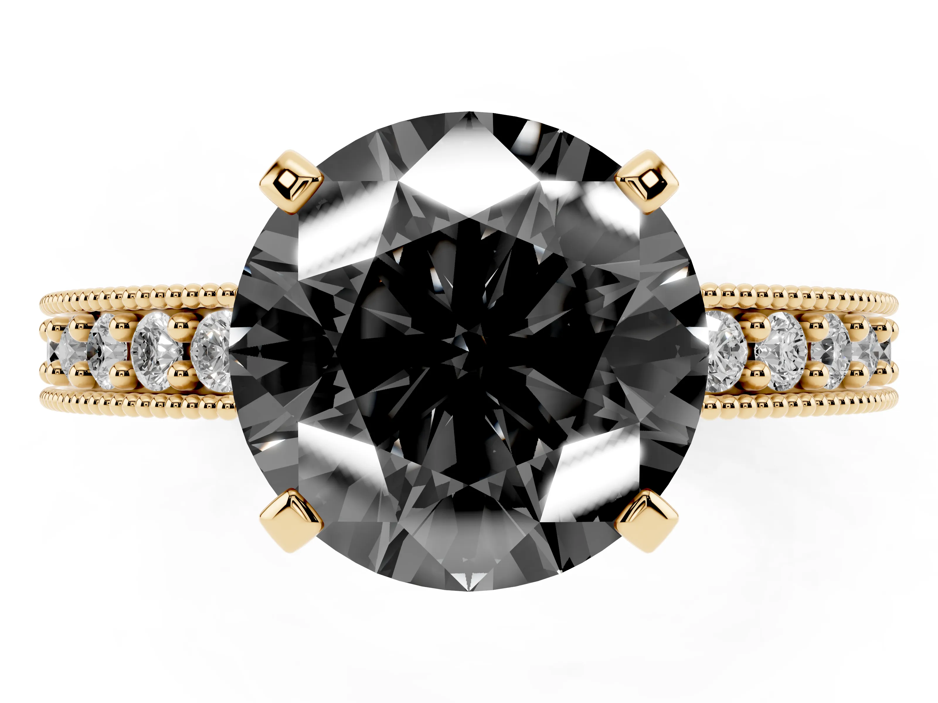 Fancy Black Round Cut Diamond Milgrain Pavé Engagement Ring Set in Yellow gold with Prong Setting