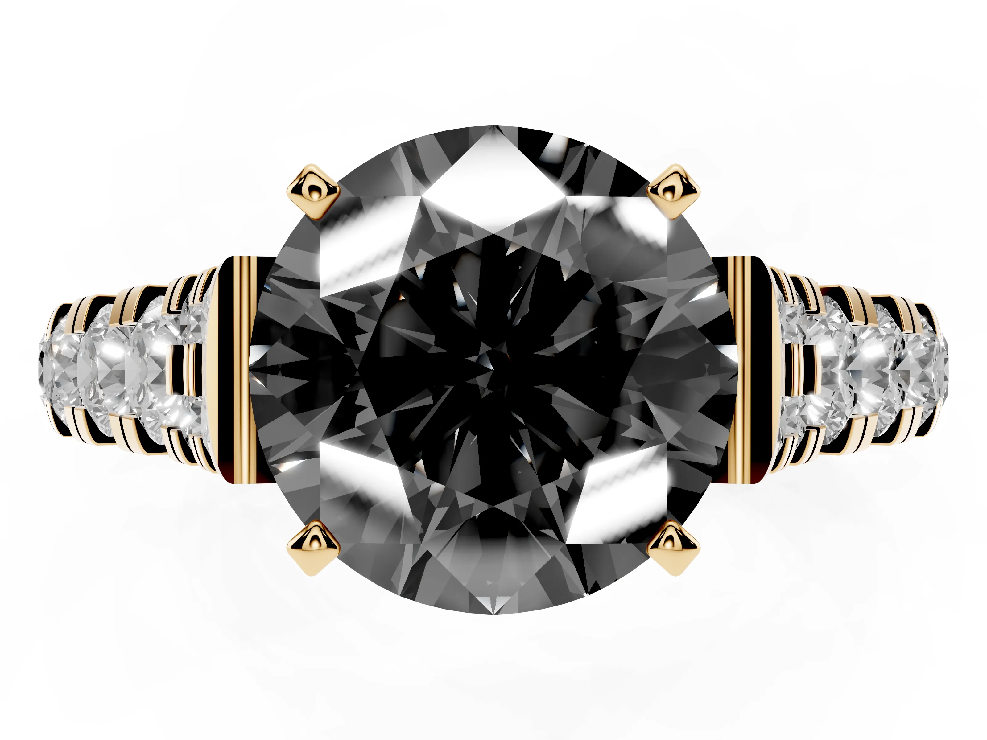 Fancy Black Round Cut Diamond Classic Solitaire Ring Set in Yellow gold with Pavé Band and Prong Setting