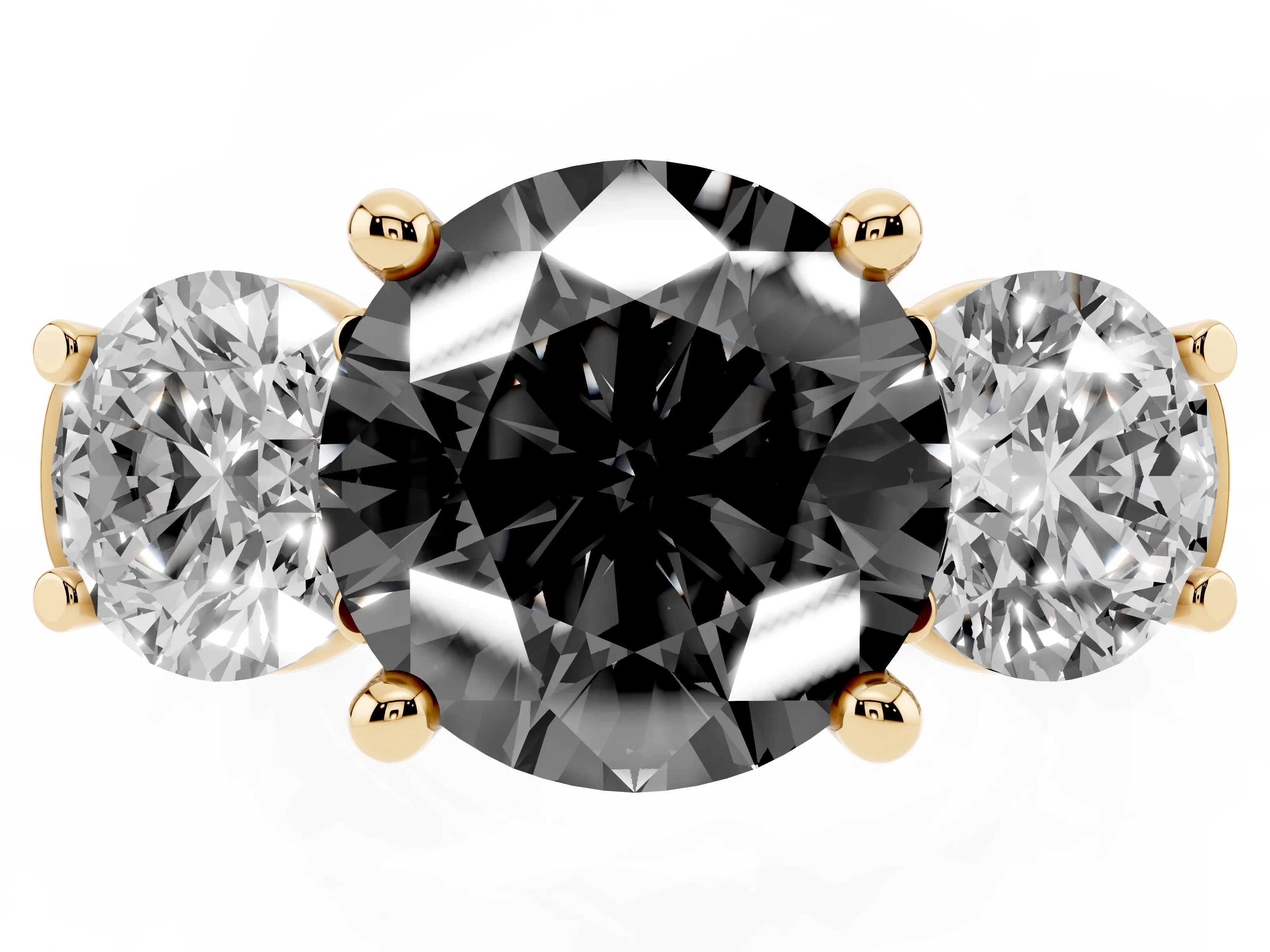 Fancy Black Round Cut Diamond Three-Stone Trellis Ring Set in Yellow gold with Comfort Fit Band