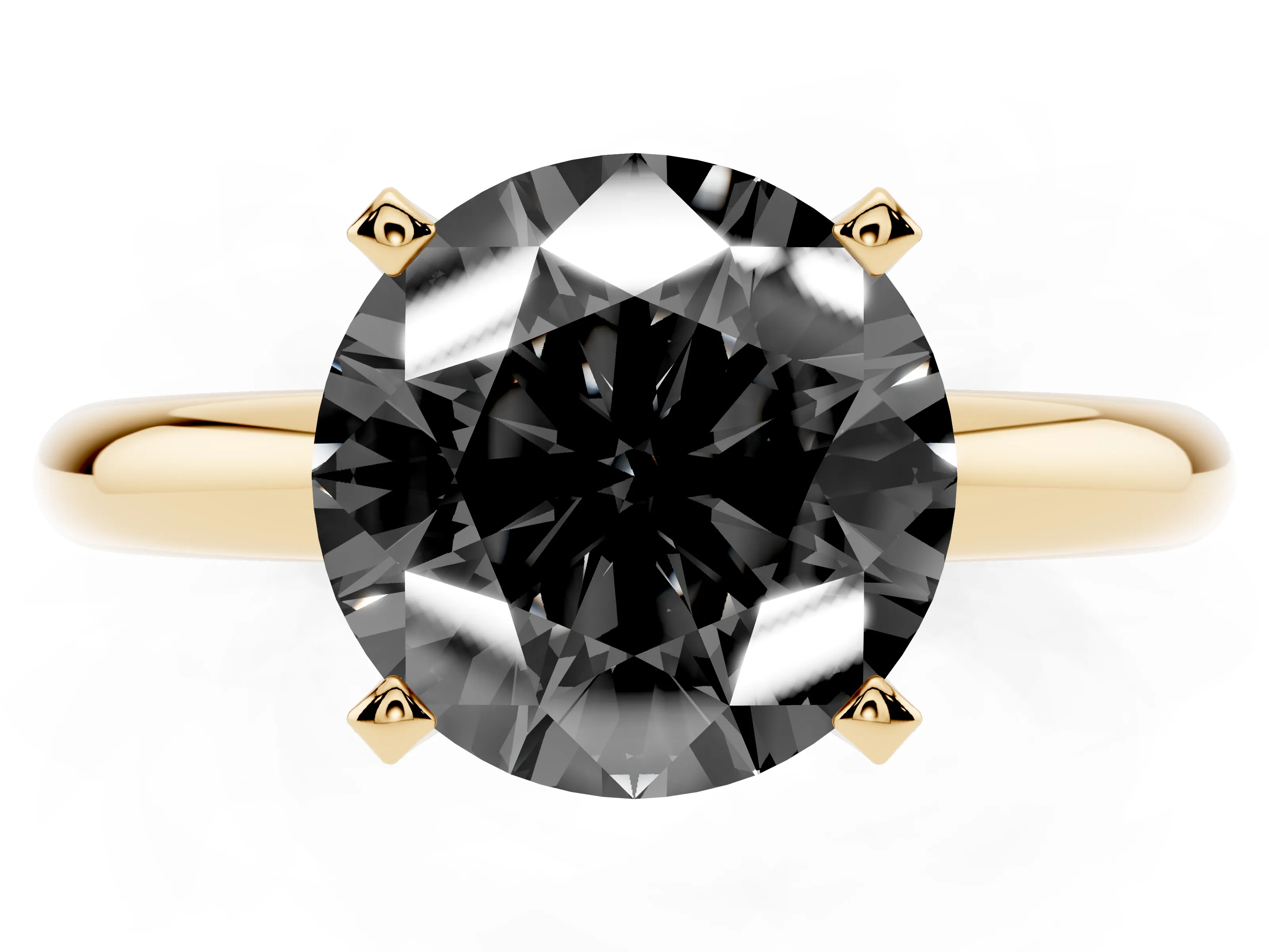 Fancy Black Round Cut Diamond Solitaire Engagement Ring Set in Yellow gold with Round Band and Prong Setting