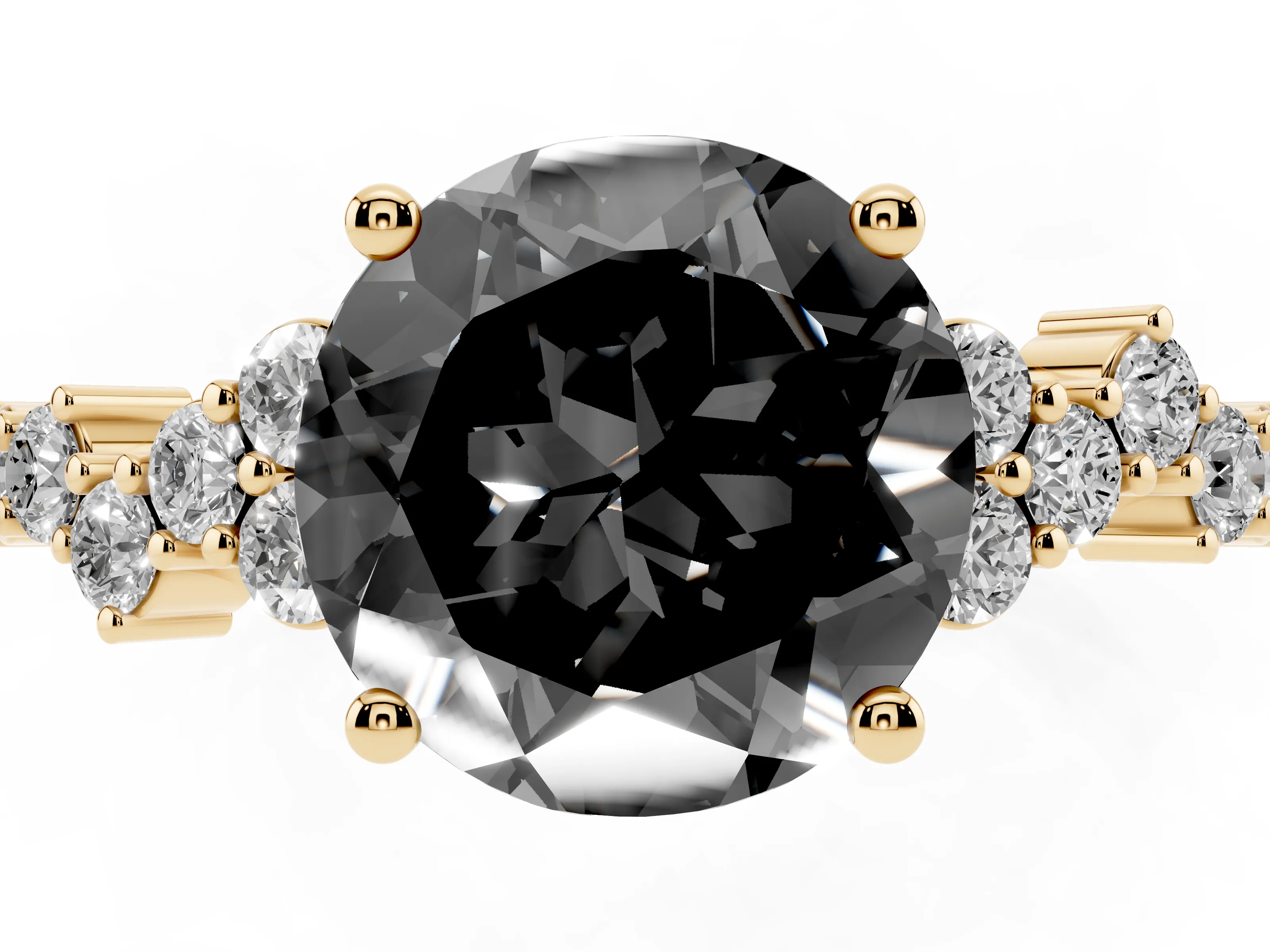 Fancy Black Round Cut Diamond Ring Set in Yellow gold with Scattered Round Accents