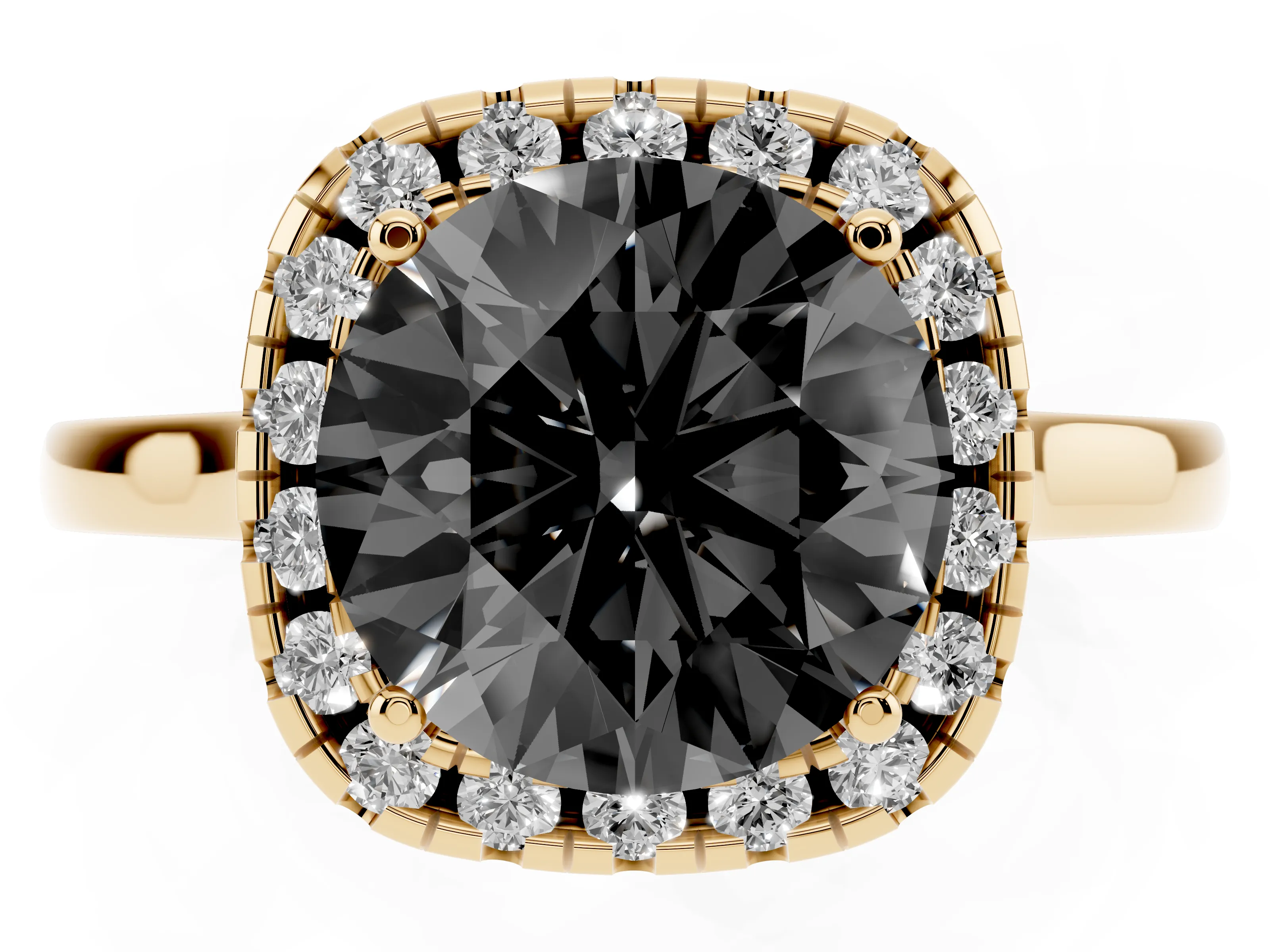Fancy Black Round Cut Halo Round Diamond Solitaire Ring Set in Yellow gold with Pavé Band and Prong Setting