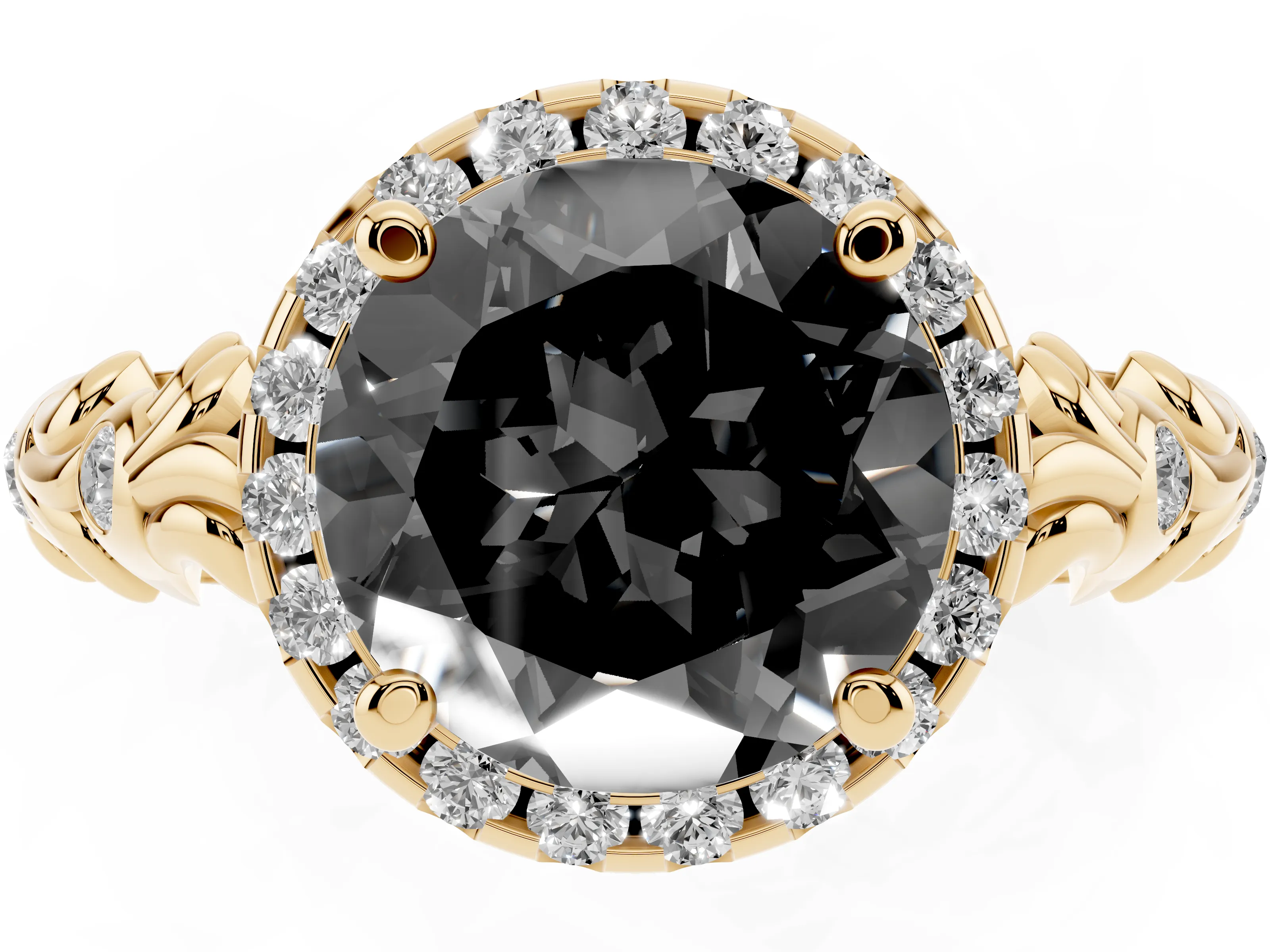 Fancy Black Round Cut Diamond Halo Ring Set in Yellow gold with Filigree Leaf Band and Prong Setting