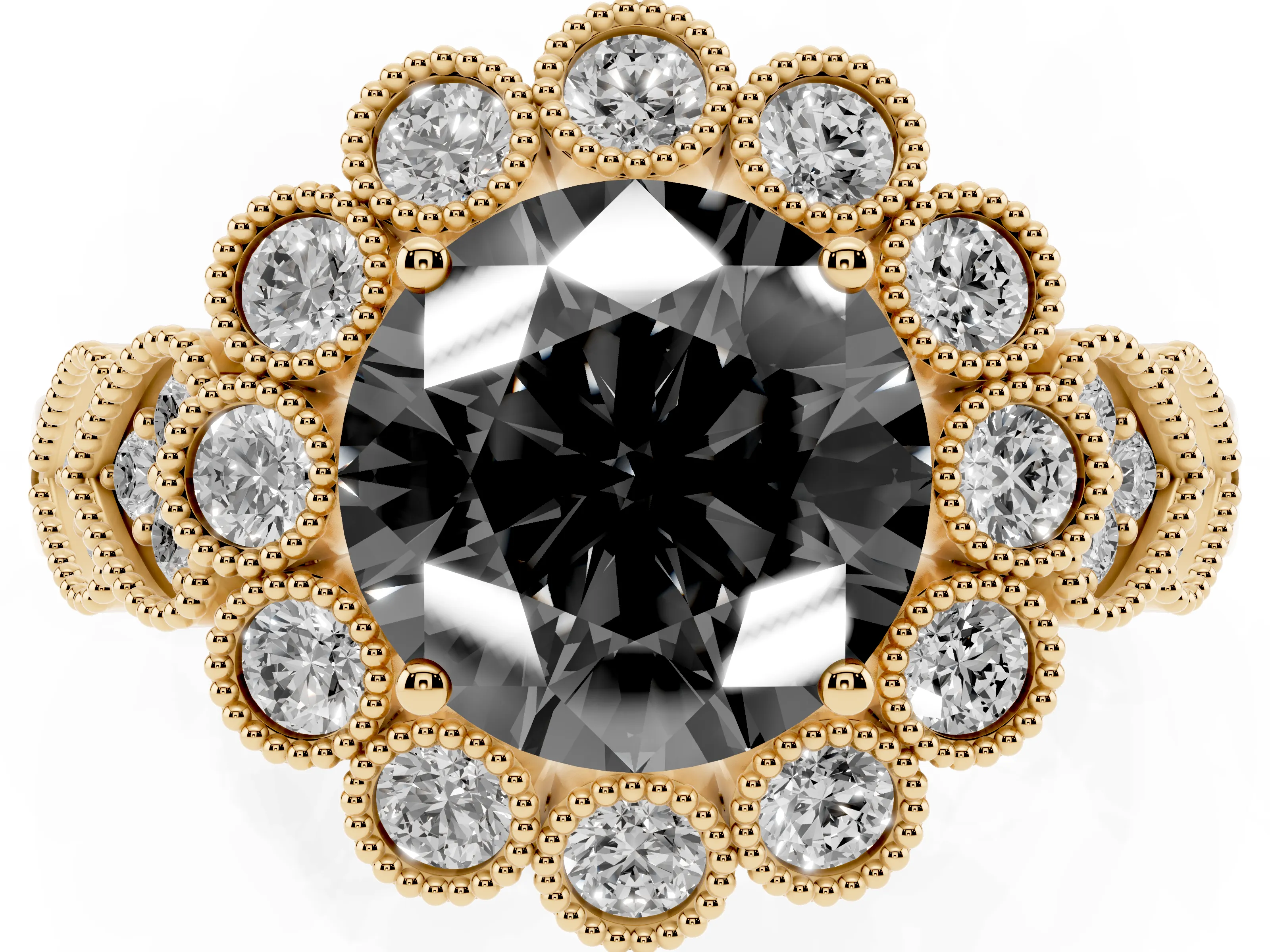Fancy Black Round Cut Diamond Solitaire Ring Set in Yellow gold with Milgrain Pavé Heart Band