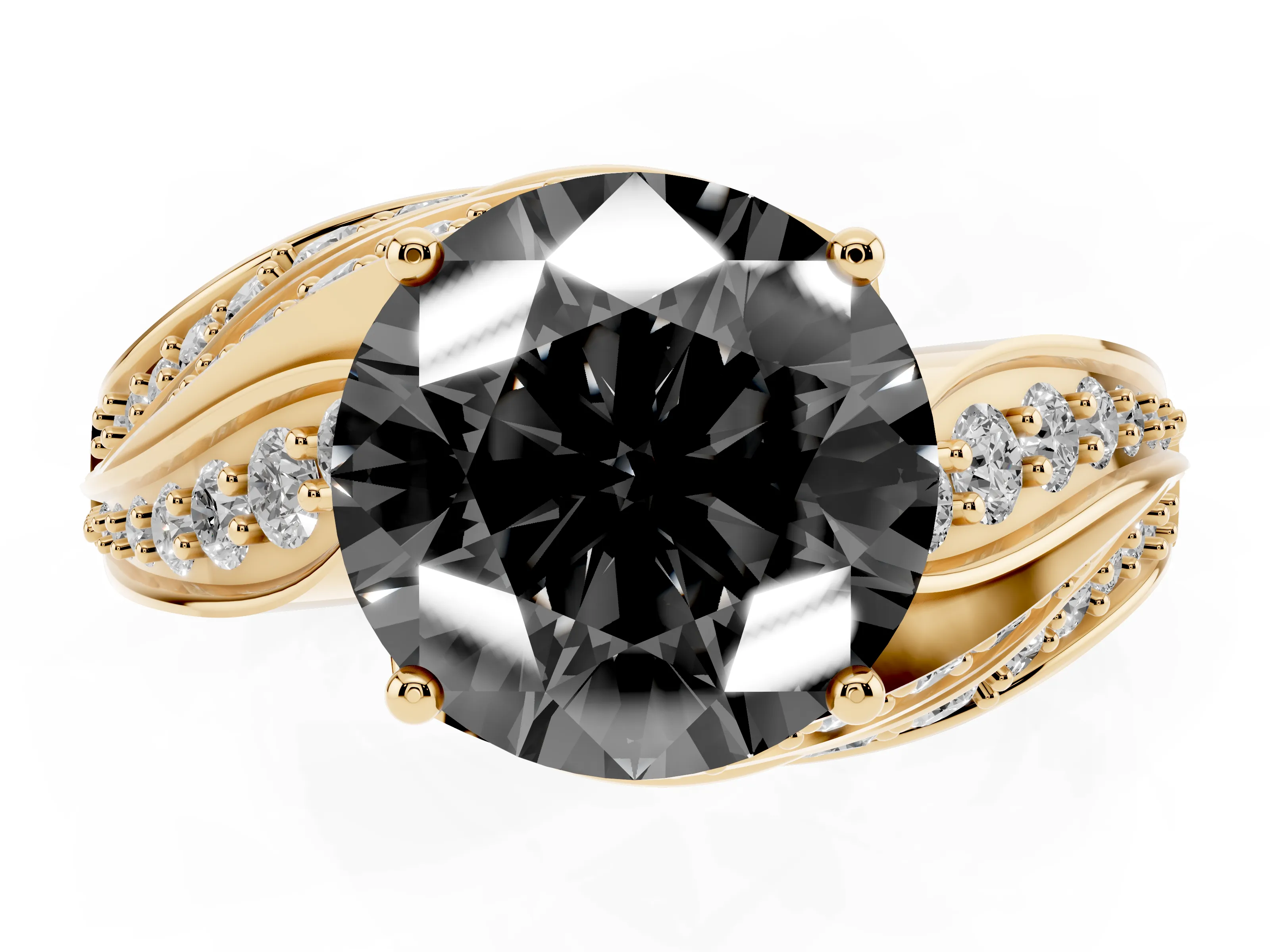 Fancy Black Round Cut Diamond Solitaire Ring Set in Yellow gold with Layered Twist Pavé Band