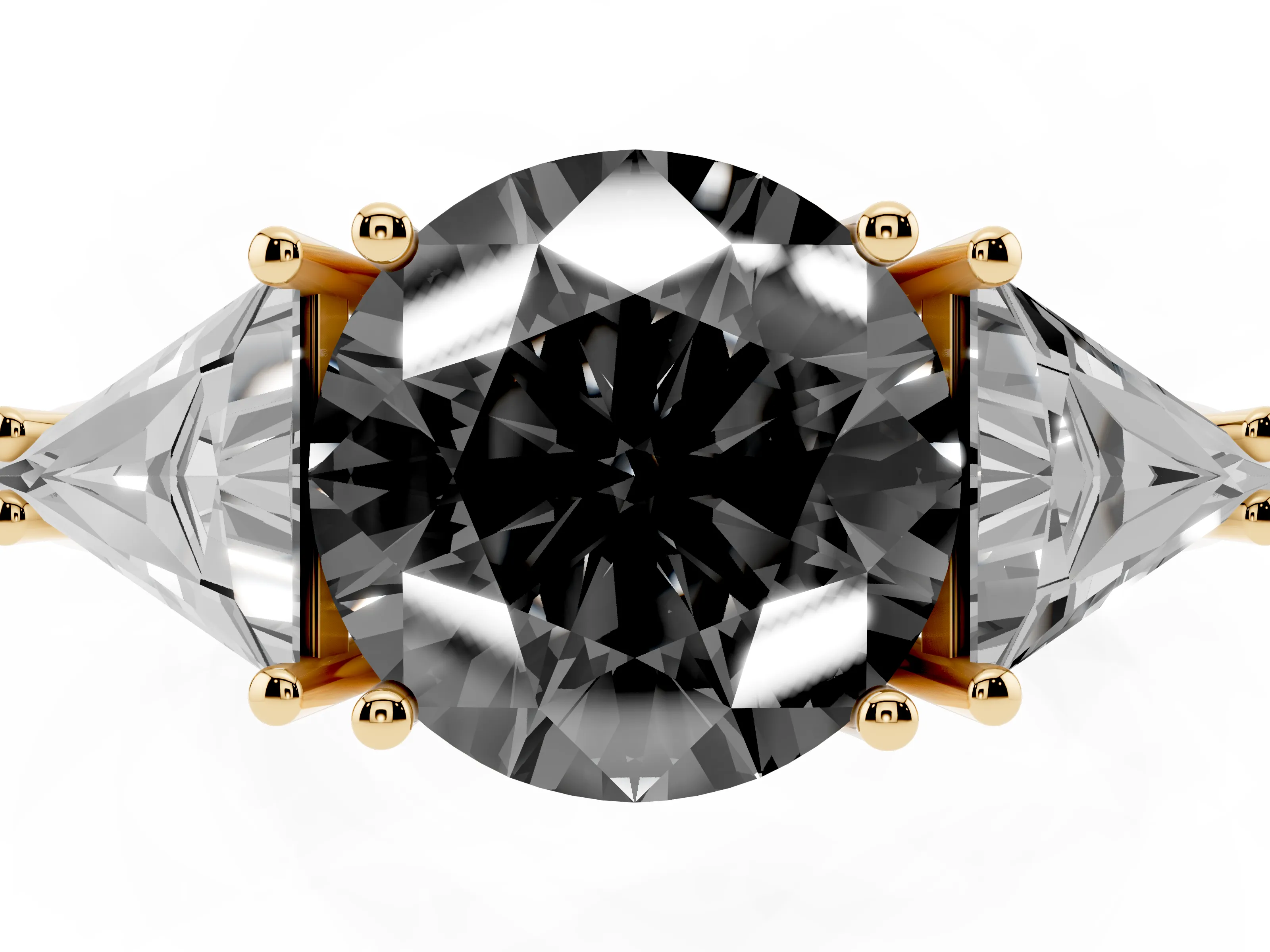 Fancy Black Round Cut Diamond Three-Stone Engagement Ring Set in Yellow gold with Trillion Side Stones