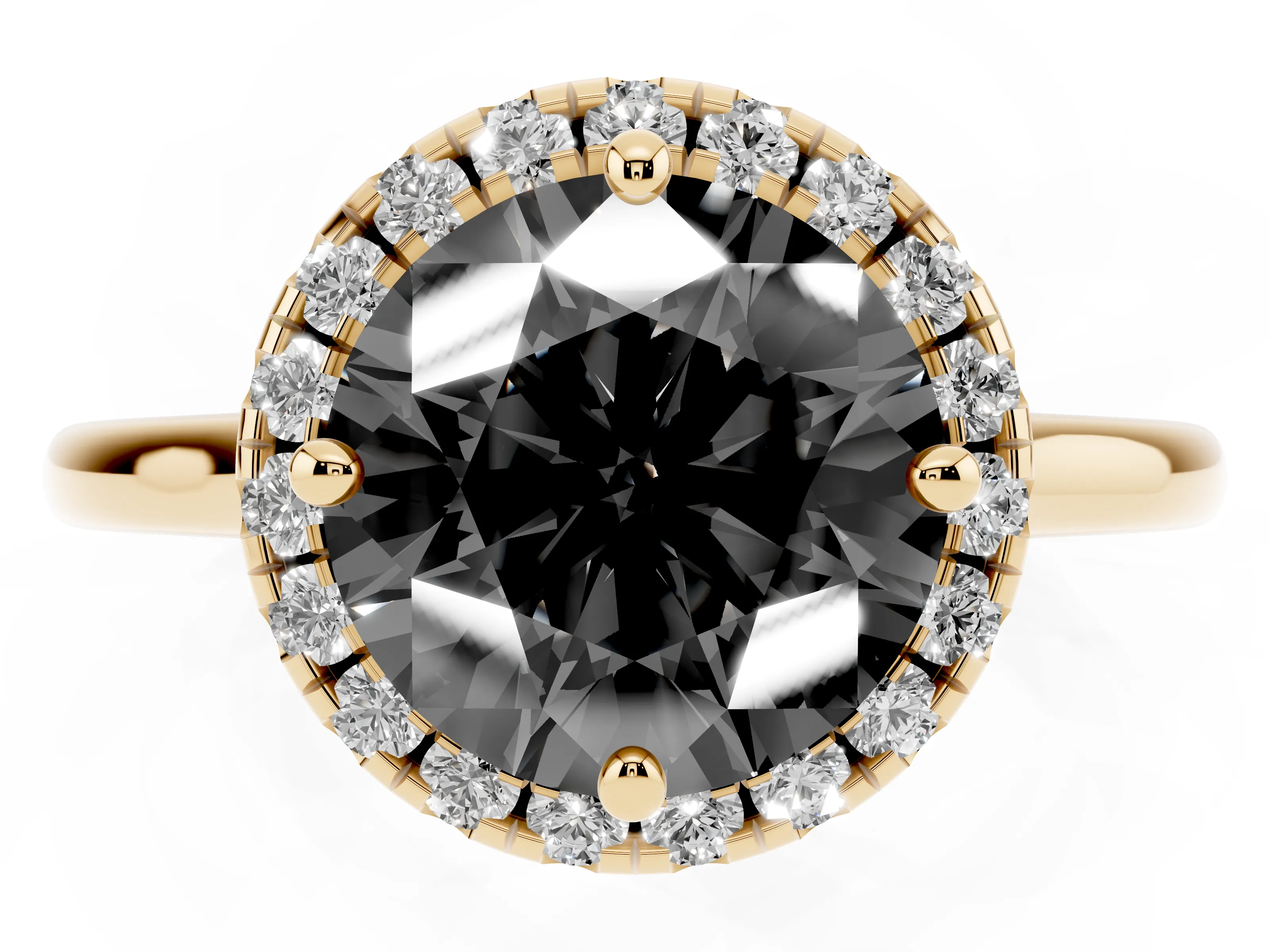 Fancy Black Round Cut Diamond Halo Engagement Ring Set in Yellow gold with Pavé Band and Rising Shoulders