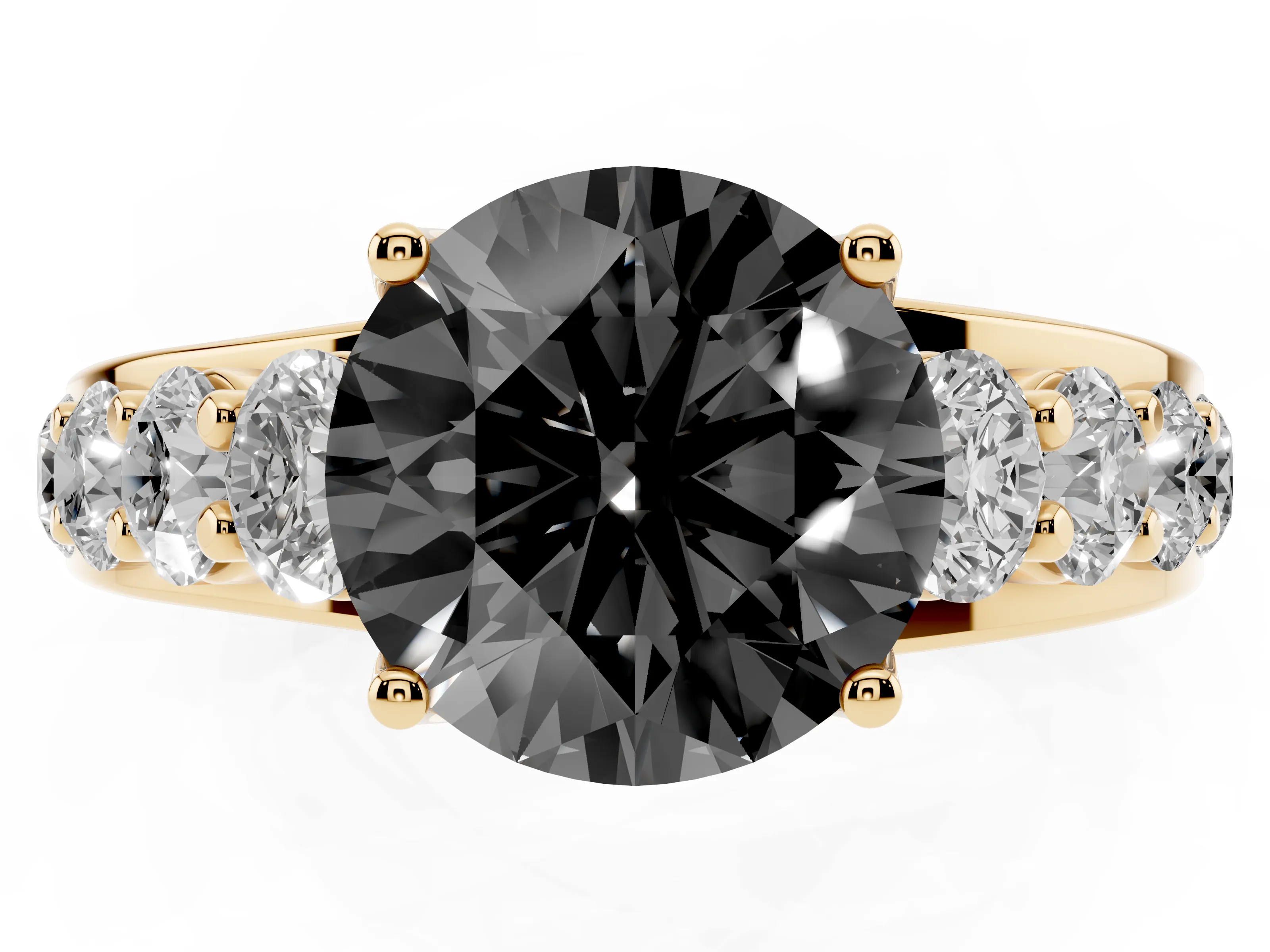 Fancy Black Round Cut Diamond Pavé Engagement Ring Set in Yellow gold with Prong Setting