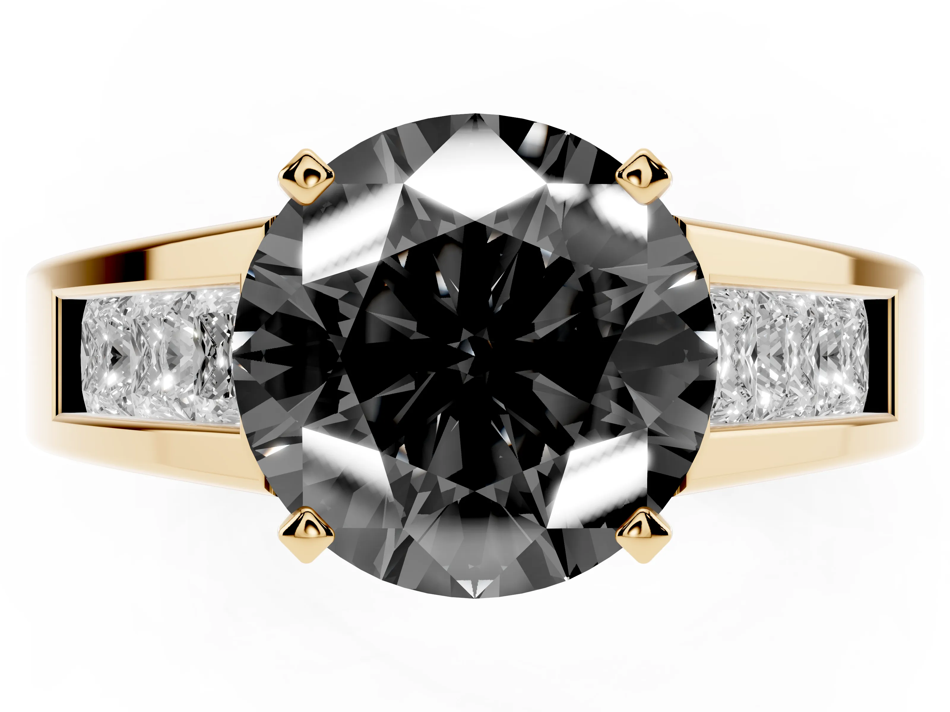 Fancy Black Round Cut Diamond Solitaire Ring Set in Yellow gold with Channel-Set Accent Stones and Prong Setting