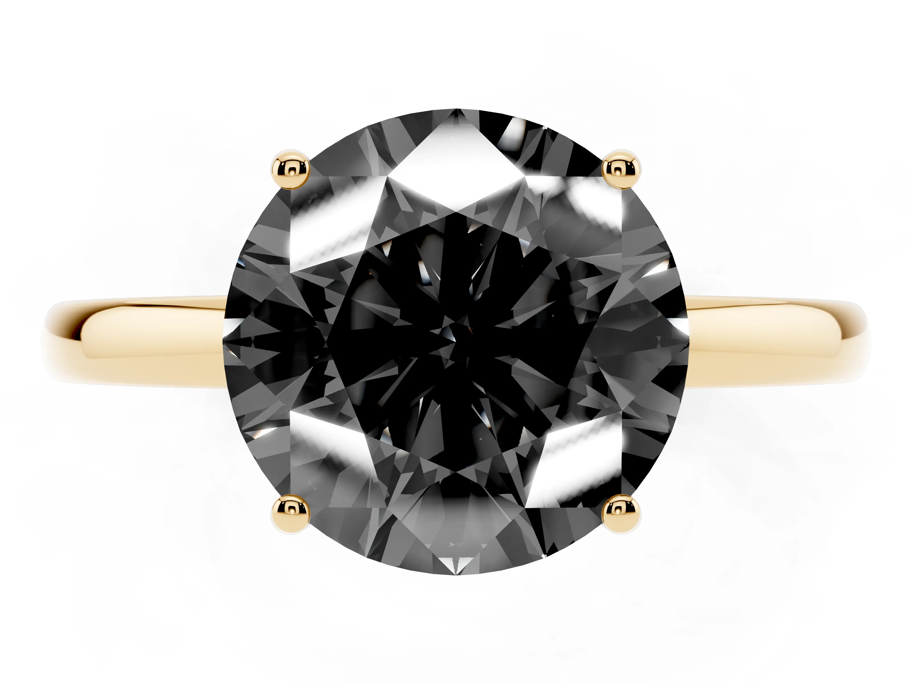 Fancy Black Round Cut Diamond Solitaire Ring Set in Yellow gold with Plain Band and Prong Setting