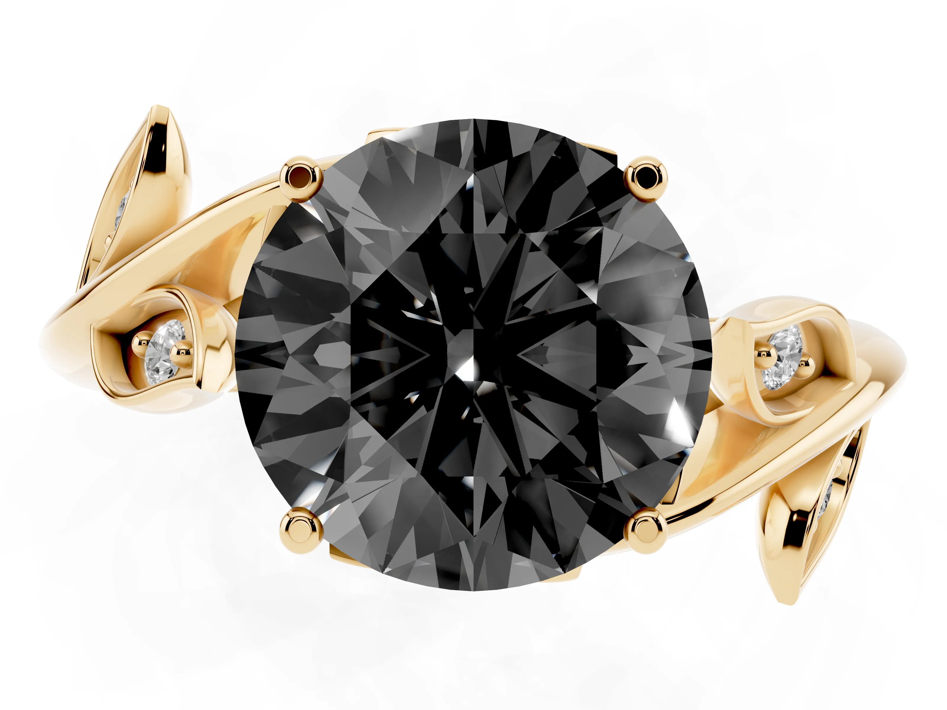 Fancy Black Round Cut Diamond Solitaire Twist Engagement Ring Set in Yellow gold with Pavé Leaf Accents