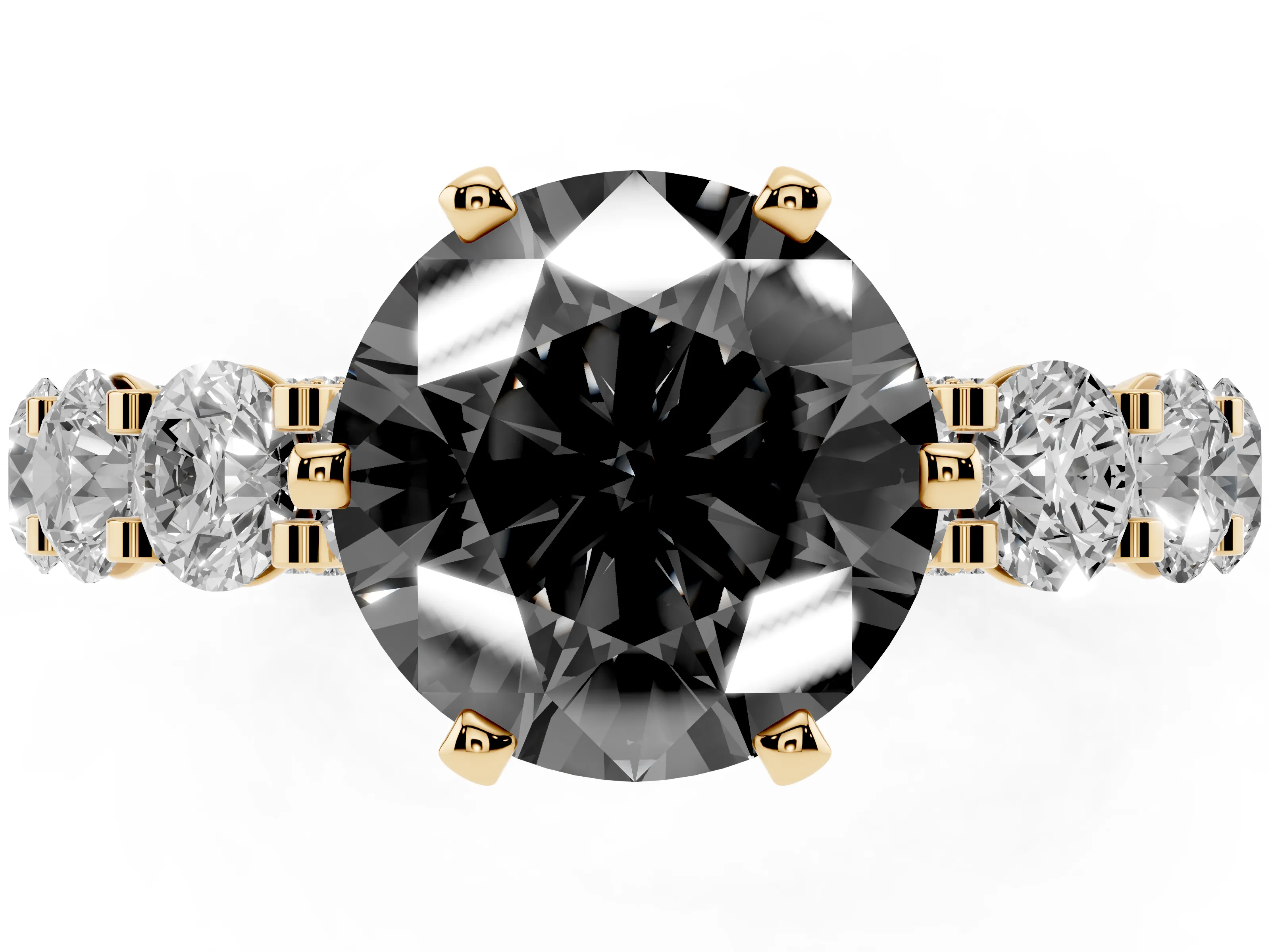Fancy Black Round Cut Diamond Side Stone Ring Set in Yellow gold with Alternating Round and Oval Side Stones
