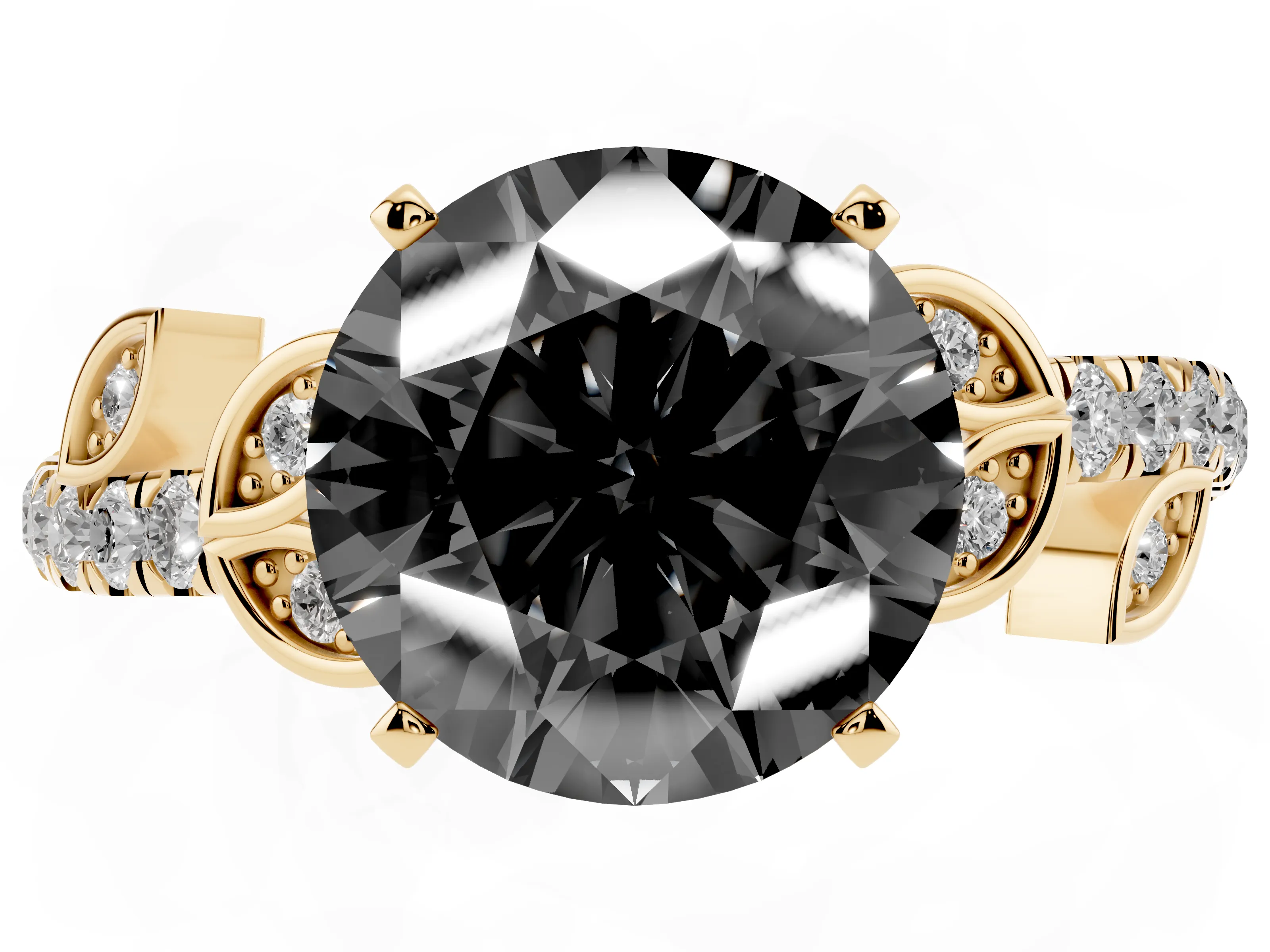 Fancy Black Round Cut Diamond Solitaire Leaf-Inspired Ring Set in Yellow gold with Pavé Band and Prong Setting