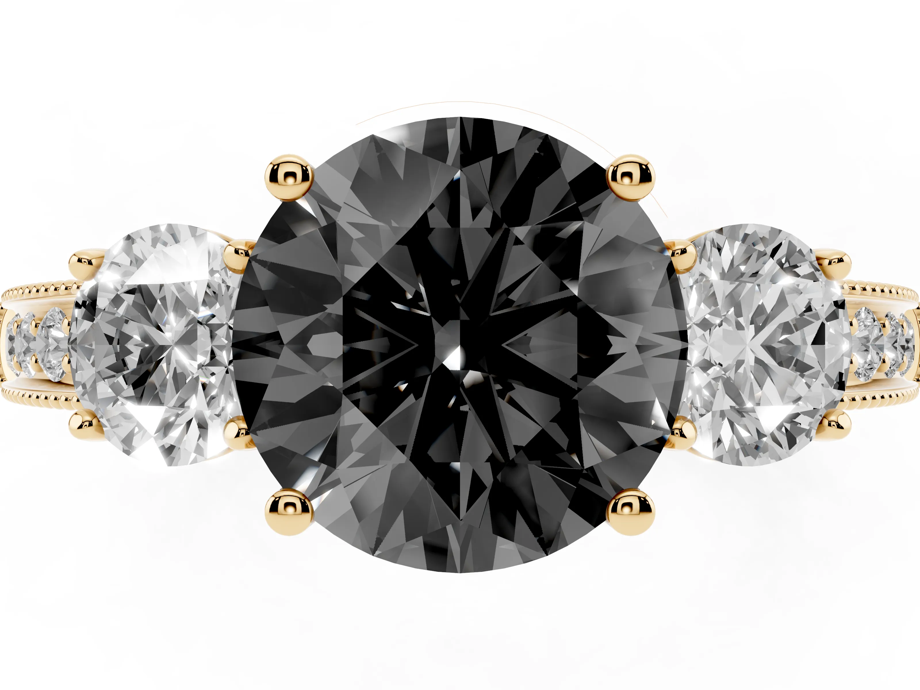 Fancy Black Round Cut Diamond Three-Stone Ring Set in Yellow gold with Round Side Stones and Pavé Band