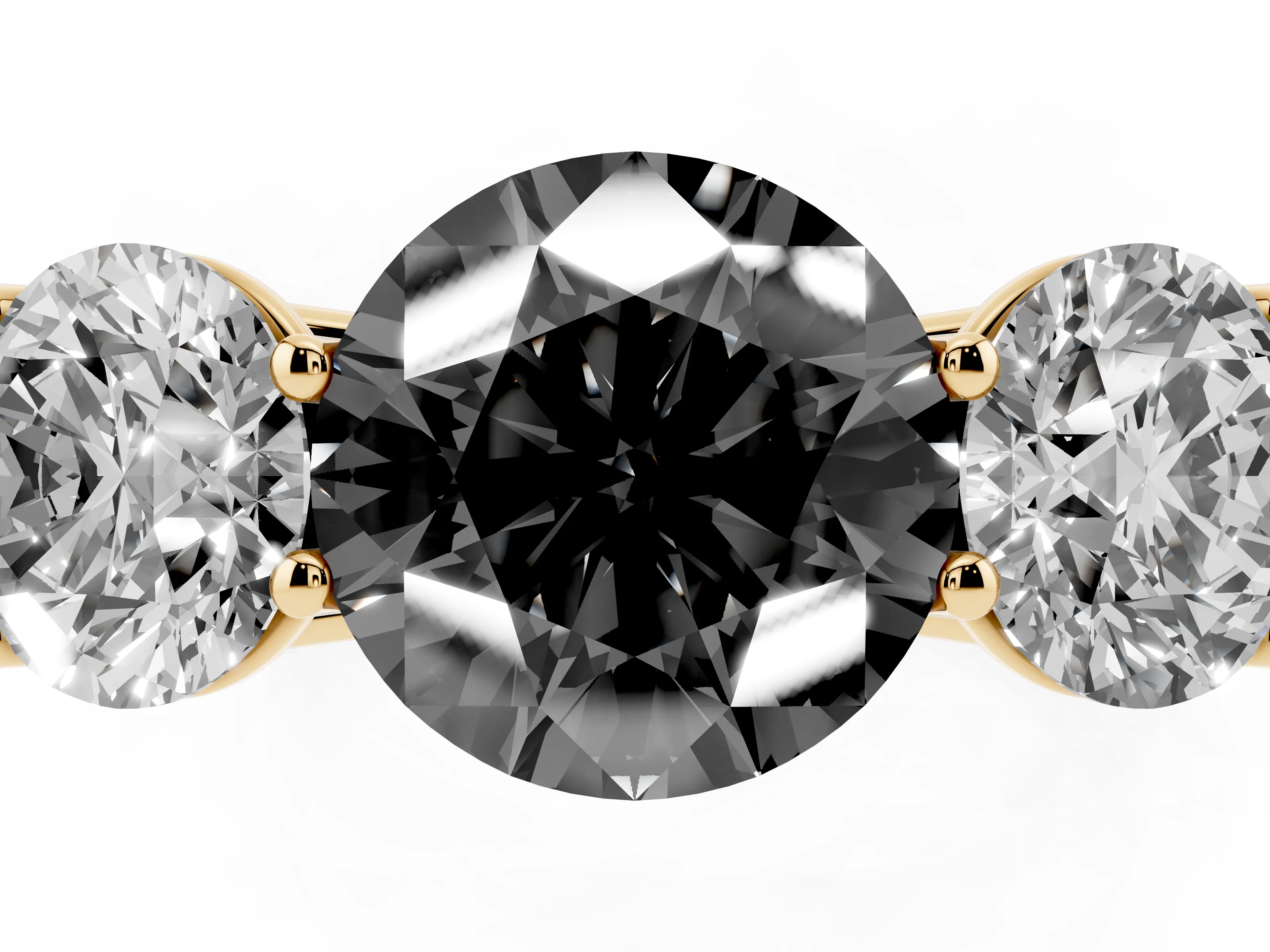Fancy Black Round Cut Diamond Three-Stone Ring Set in Yellow gold with Plain Polished Band