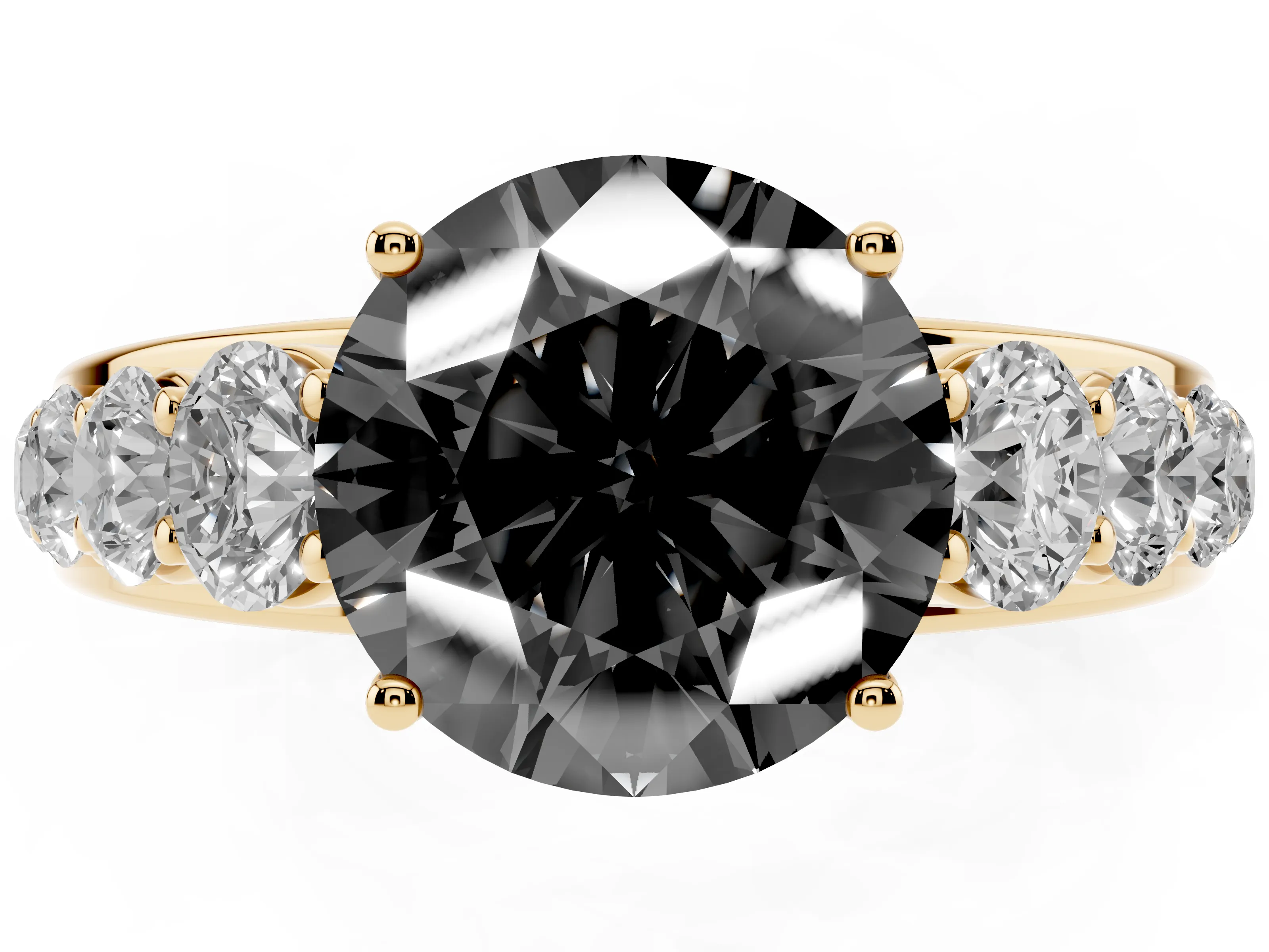 Fancy Black Round Cut Diamond Solitaire Ring Set in Yellow gold with Pavé-Set Band and Prong Setting