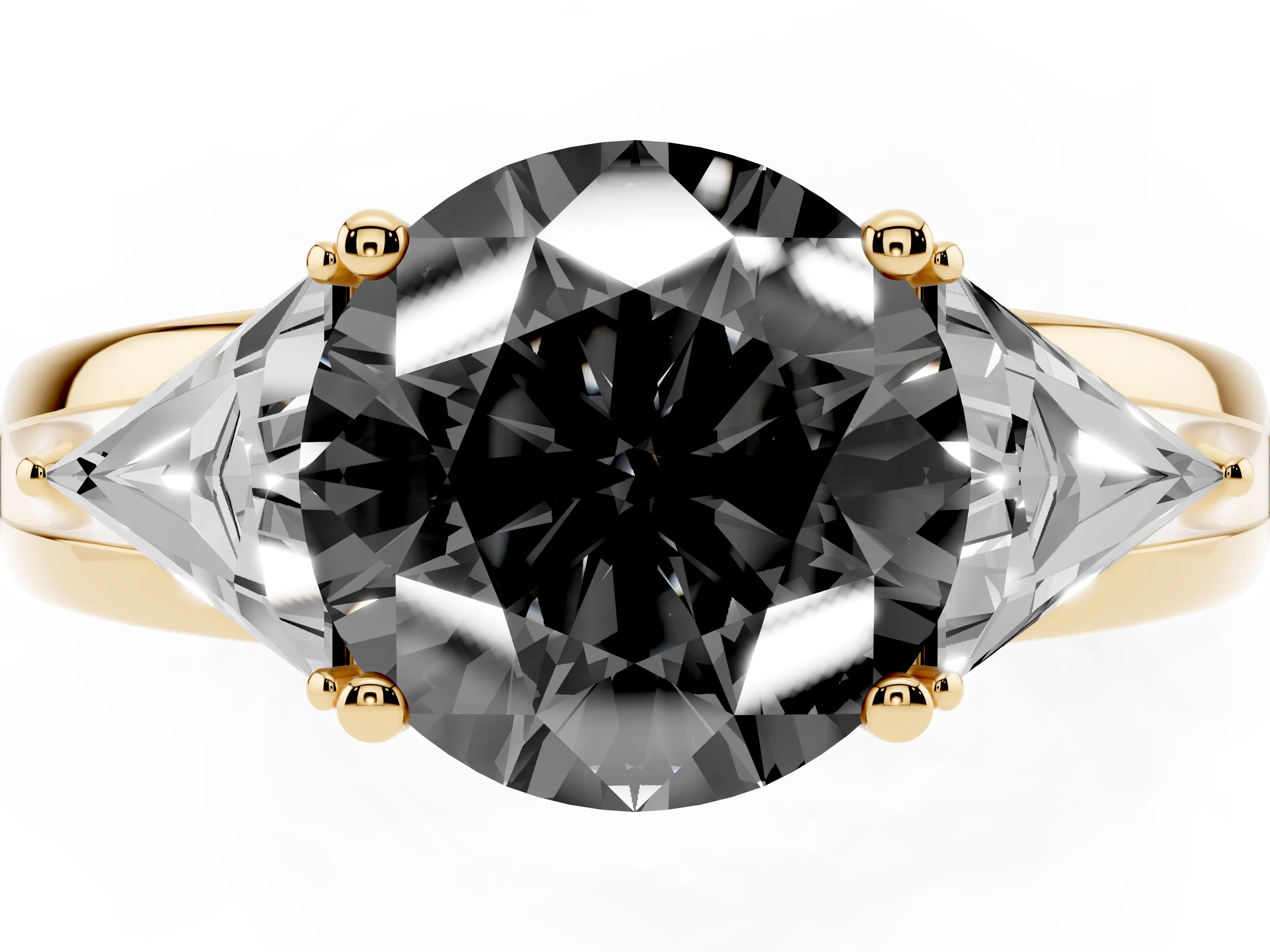 Fancy Black Round Cut Diamond Three-Stone Ring Set in Yellow gold with Trillion Side Stones and Split Shank