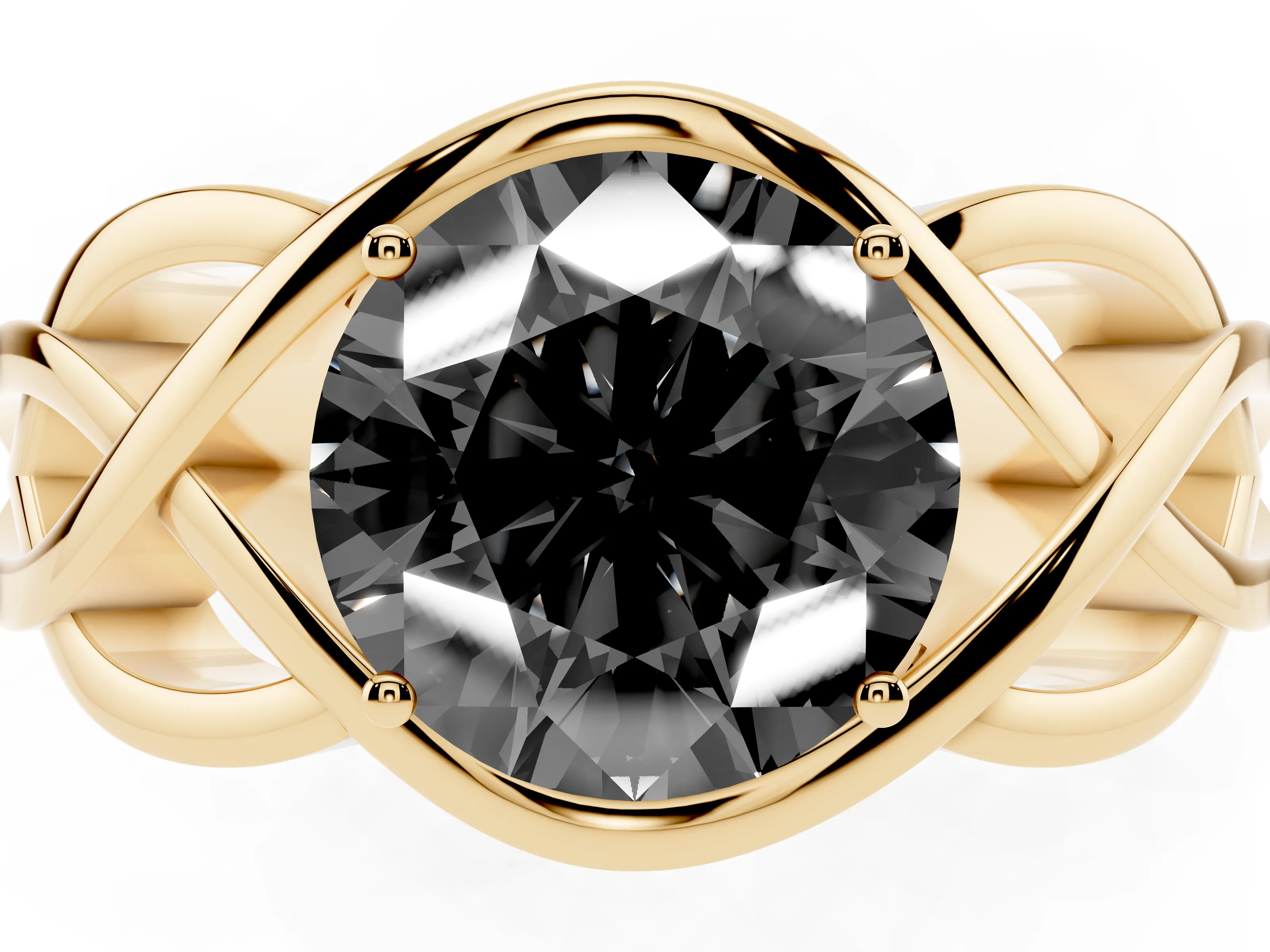 Fancy Black Round Cut Diamond Solitaire Ring Set in Yellow gold with Intertwined Band
