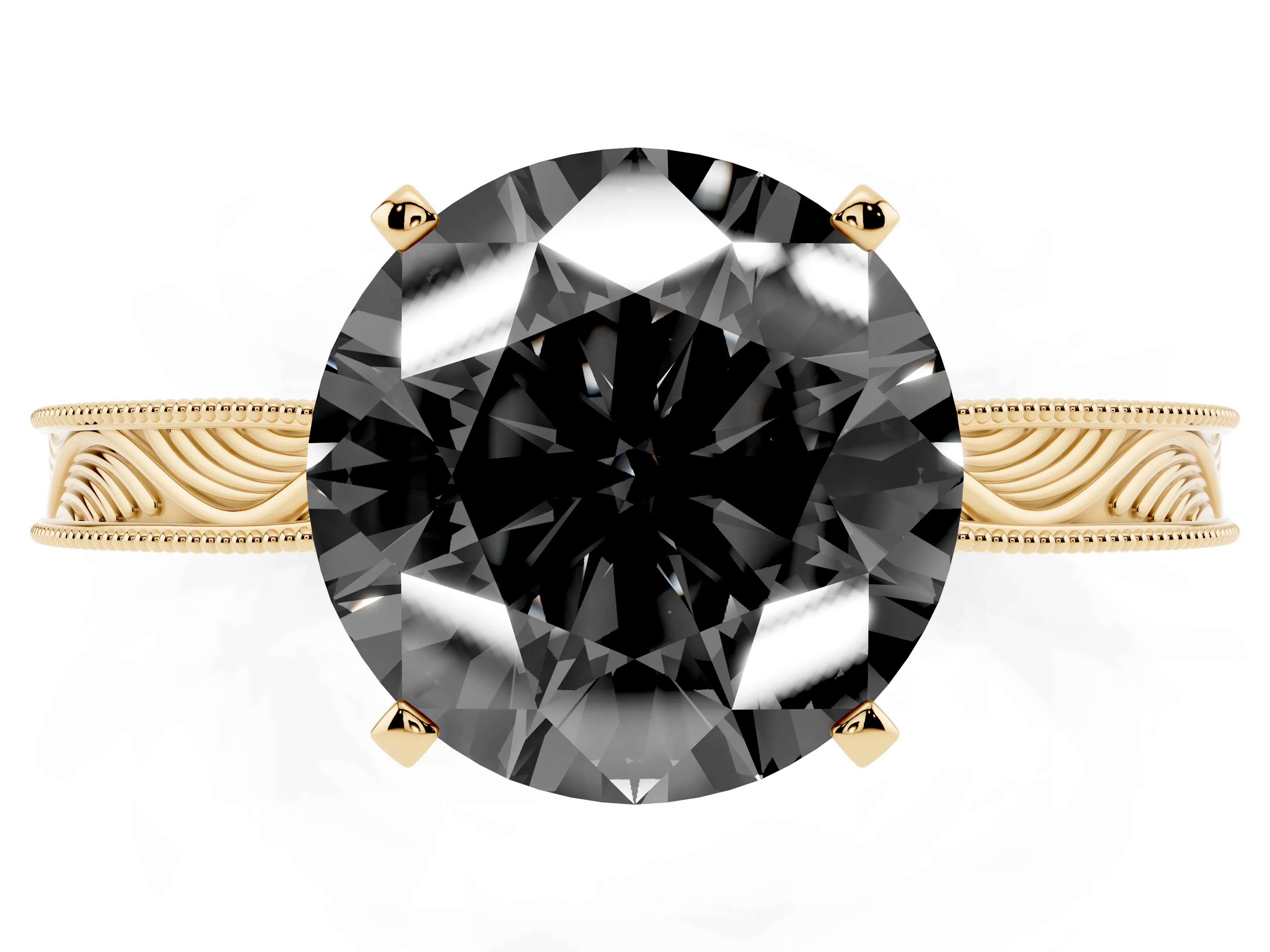 Fancy Black Round Cut Diamond Solitaire Milgrain Engraved Band Set in Yellow gold with Prong Setting