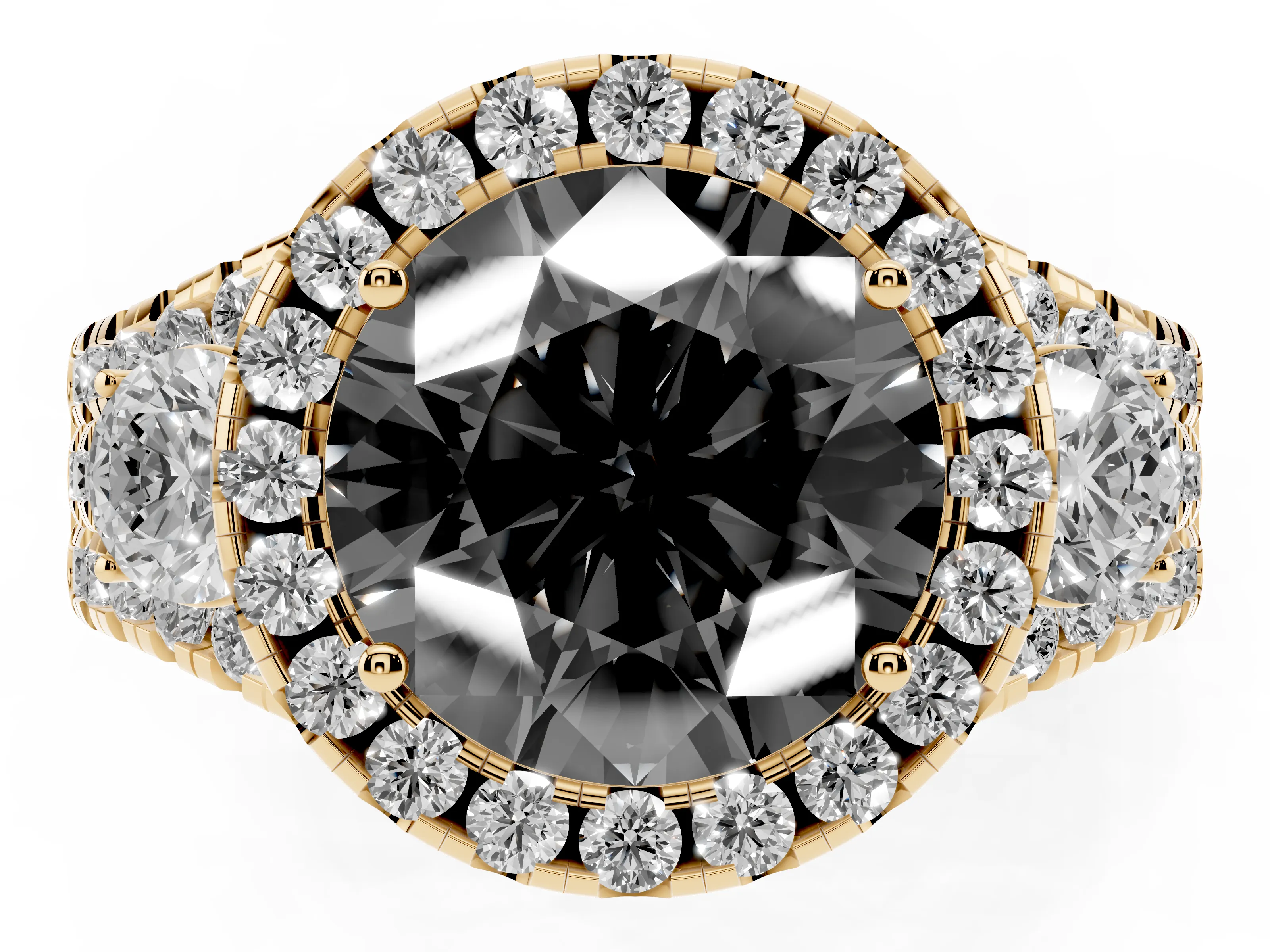 Fancy Black Round Cut Diamond Halo Split Shank Ring Set in Yellow gold with Round Accent Stones and Prong Setting