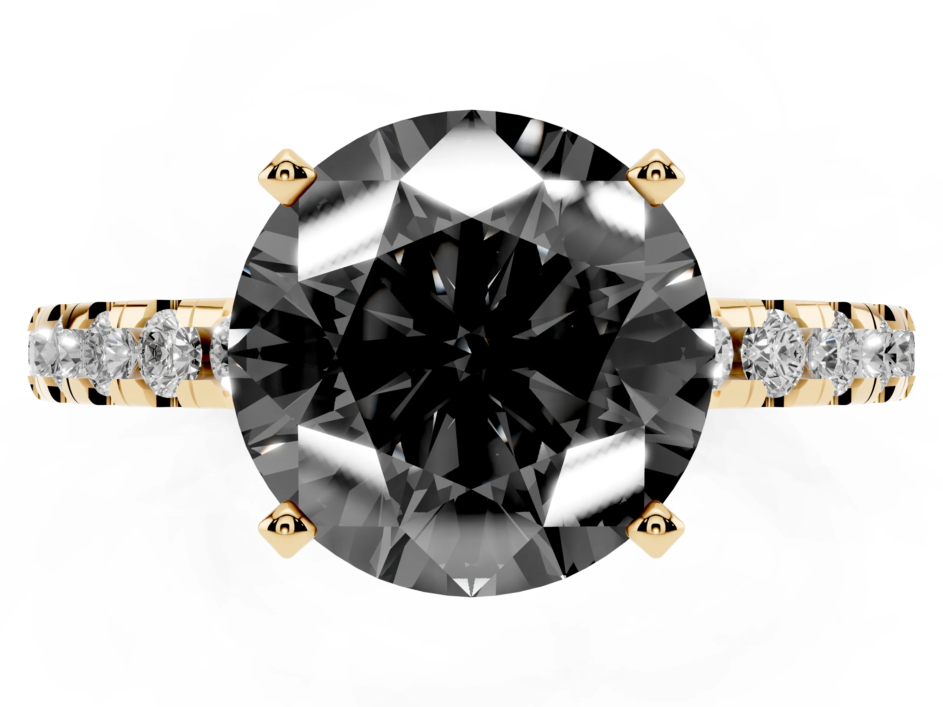 Fancy Black Round Cut Diamond Pavé Solitaire Ring Set in Yellow gold with Round Band Accents and Prong Setting
