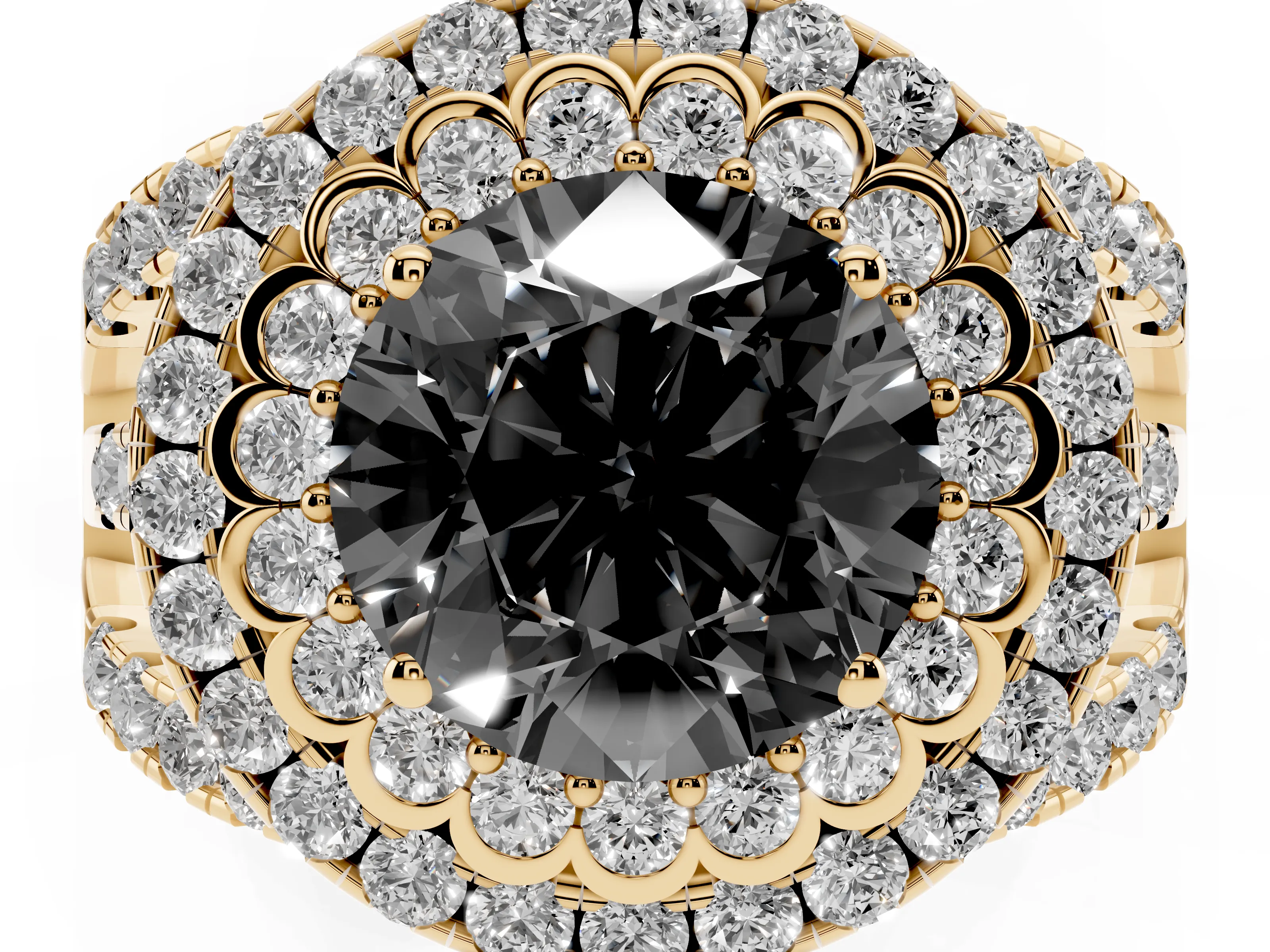 Fancy Black Round Cut Diamond Double Halo Ring Set in Yellow gold with Round Pavé Split Shank