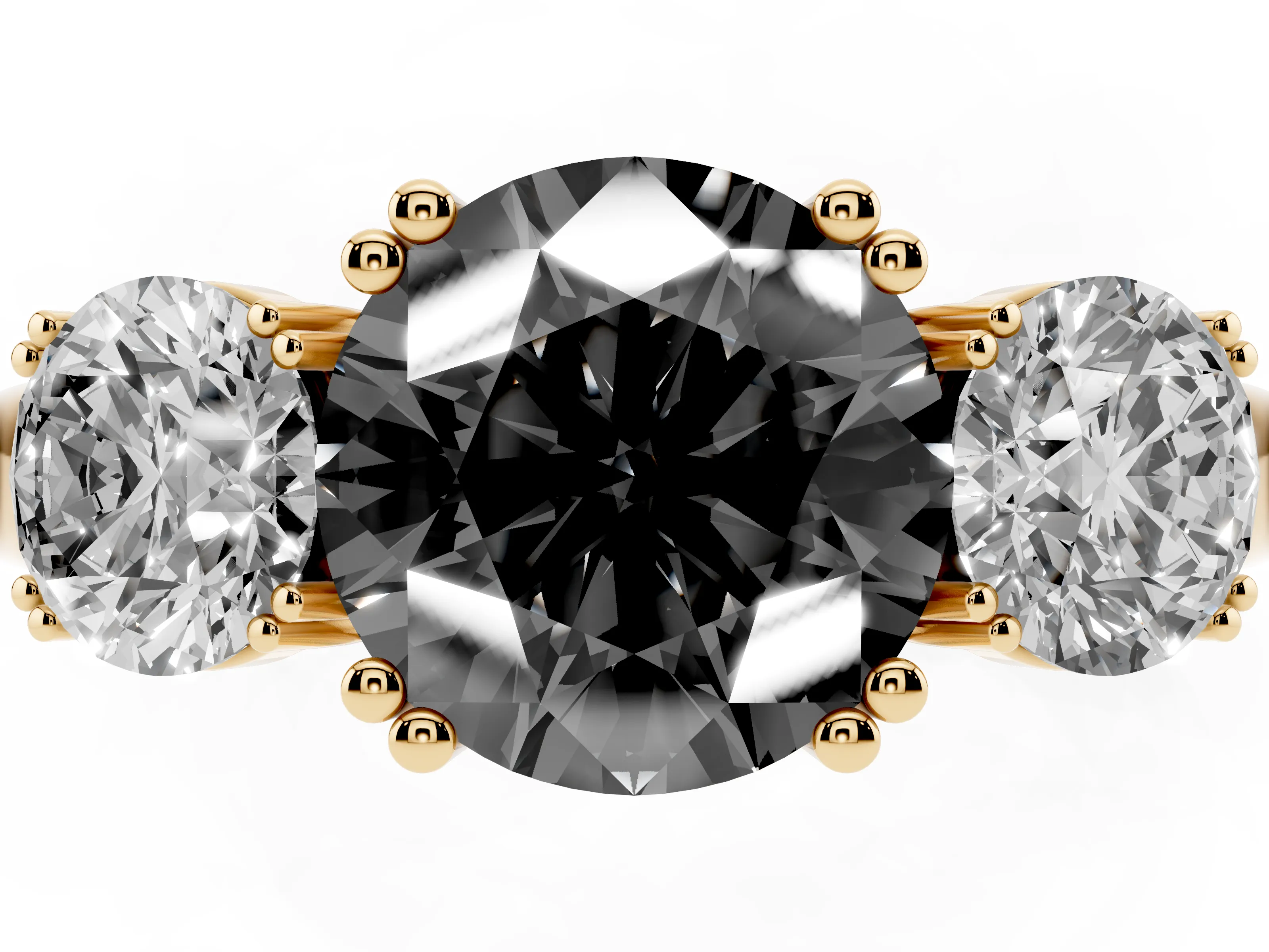 Fancy Black Round Cut Diamond Three-Stone Ring Set in Yellow gold with Polished Channel-Set Band