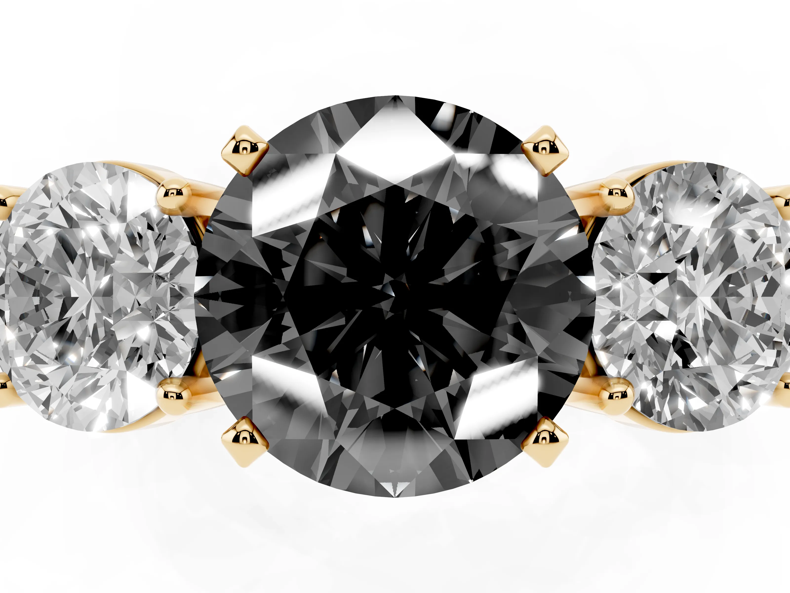 Fancy Black Round Cut Diamond Three-Stone Ring Set in Yellow gold with Round Side Stones and Classic Band