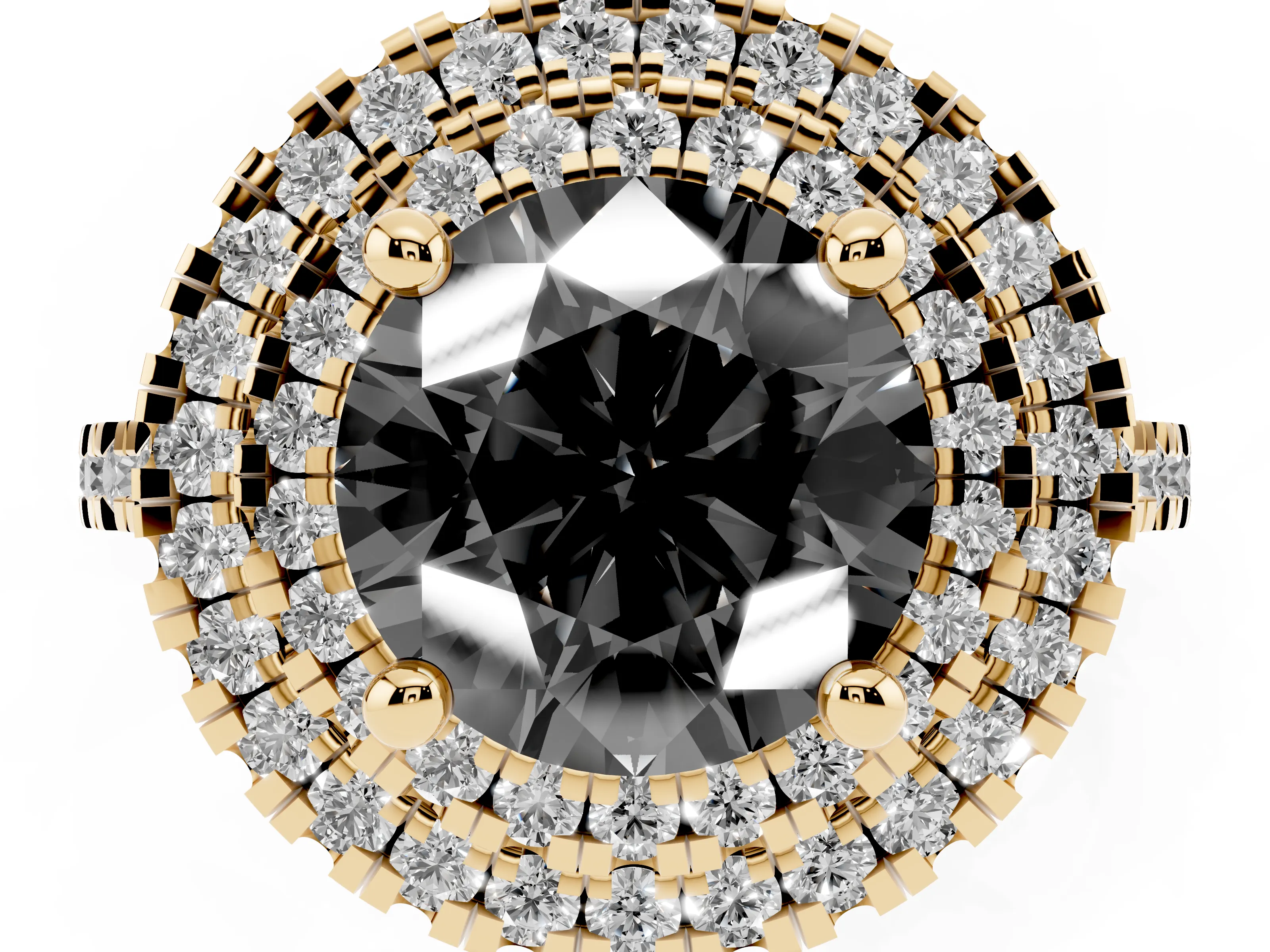 Fancy Black Round Cut Diamond Double Halo Statement Ring Set in Yellow gold with Pavé Band