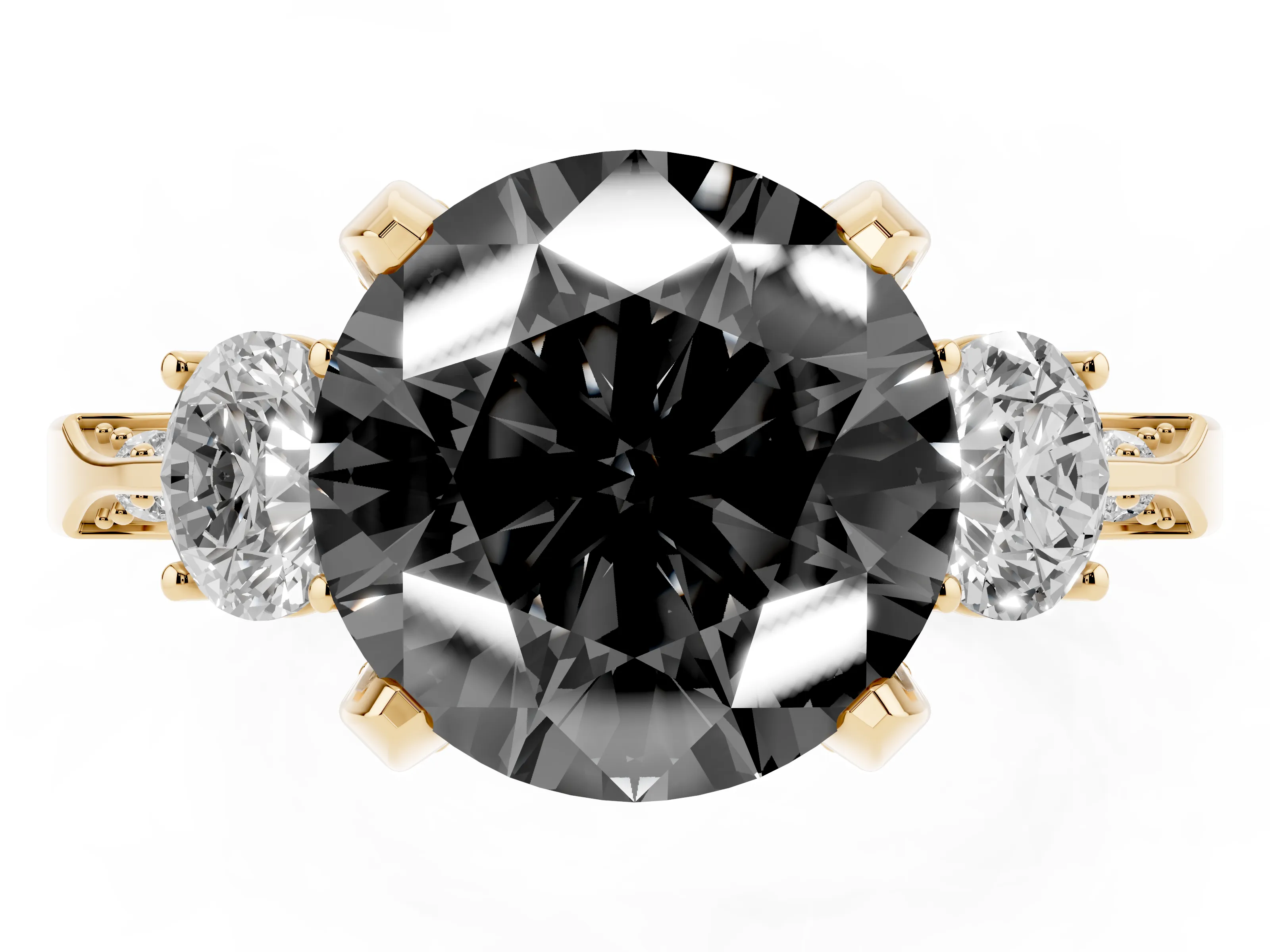 Fancy Black Round Cut Diamond Three-Stone Ring Set in Yellow gold with Pavé Band and Smaller Side Stones