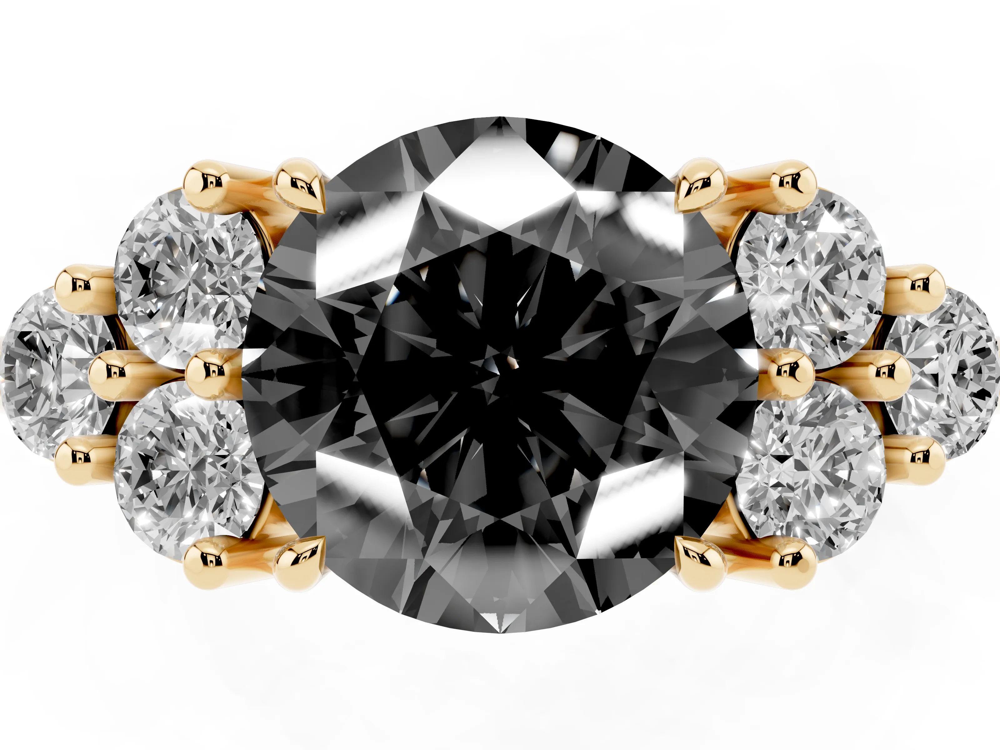 Fancy Black Round Cut Diamond Solitaire Ring Set in Yellow gold with Cluster Accents on Each Side