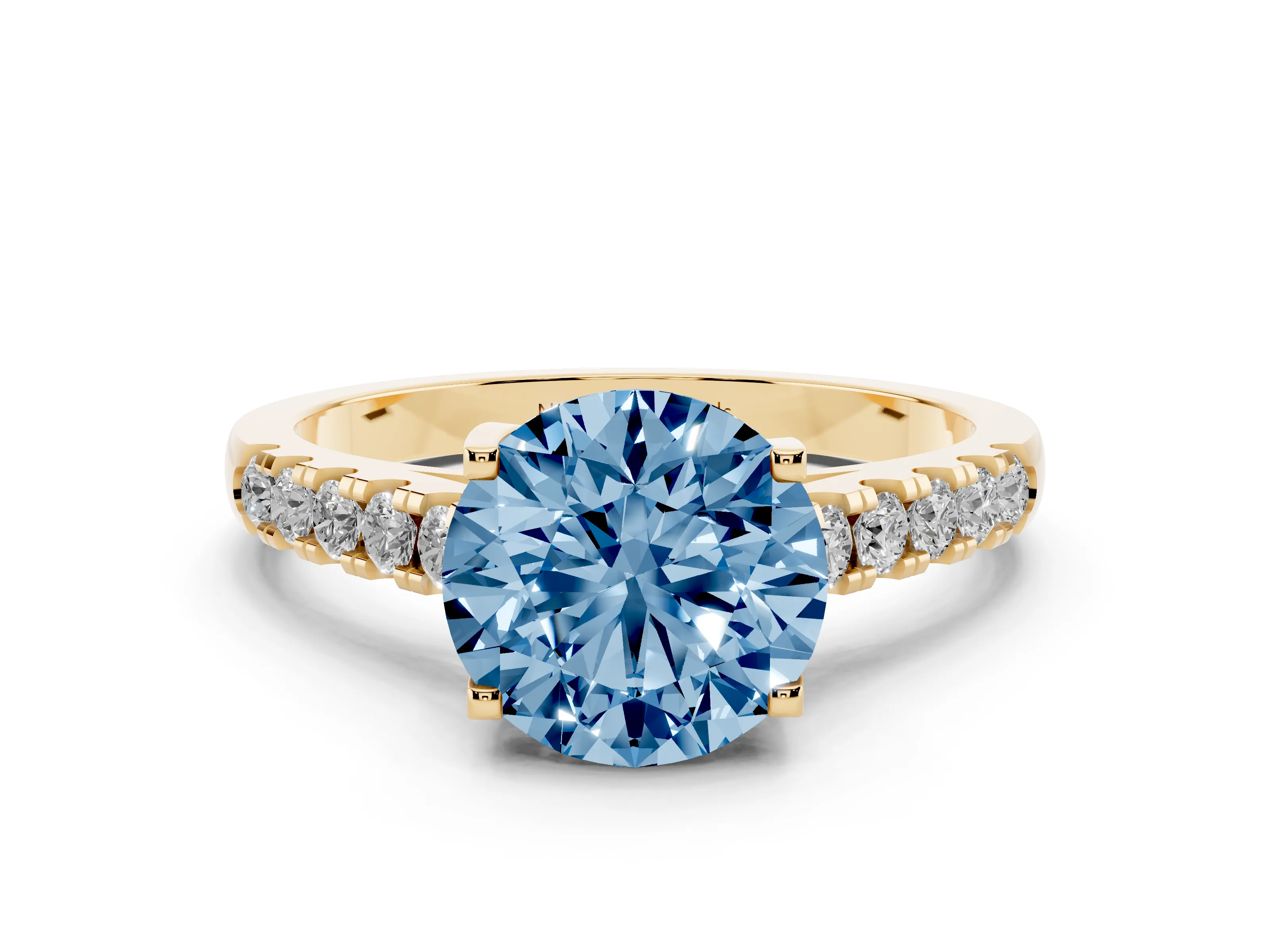 Fancy Blue Round Cut Diamond Pavé Band Solitaire Ring Set in Yellow gold with Partway Accent Stones and Prong Setting