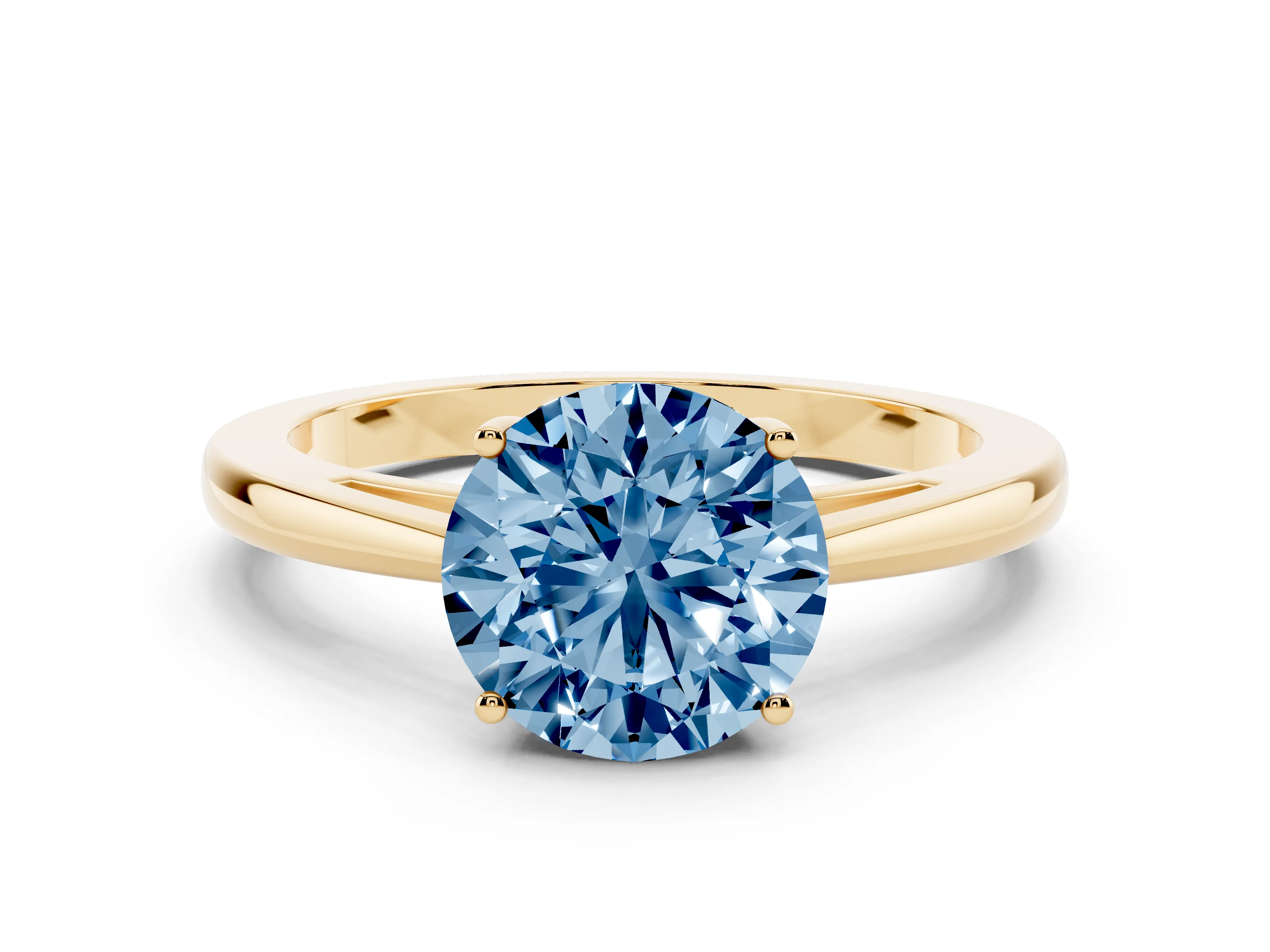 Fancy Blue Round Cut Diamond Solitaire Ring Set in Yellow gold with Split Shank and Prong Setting