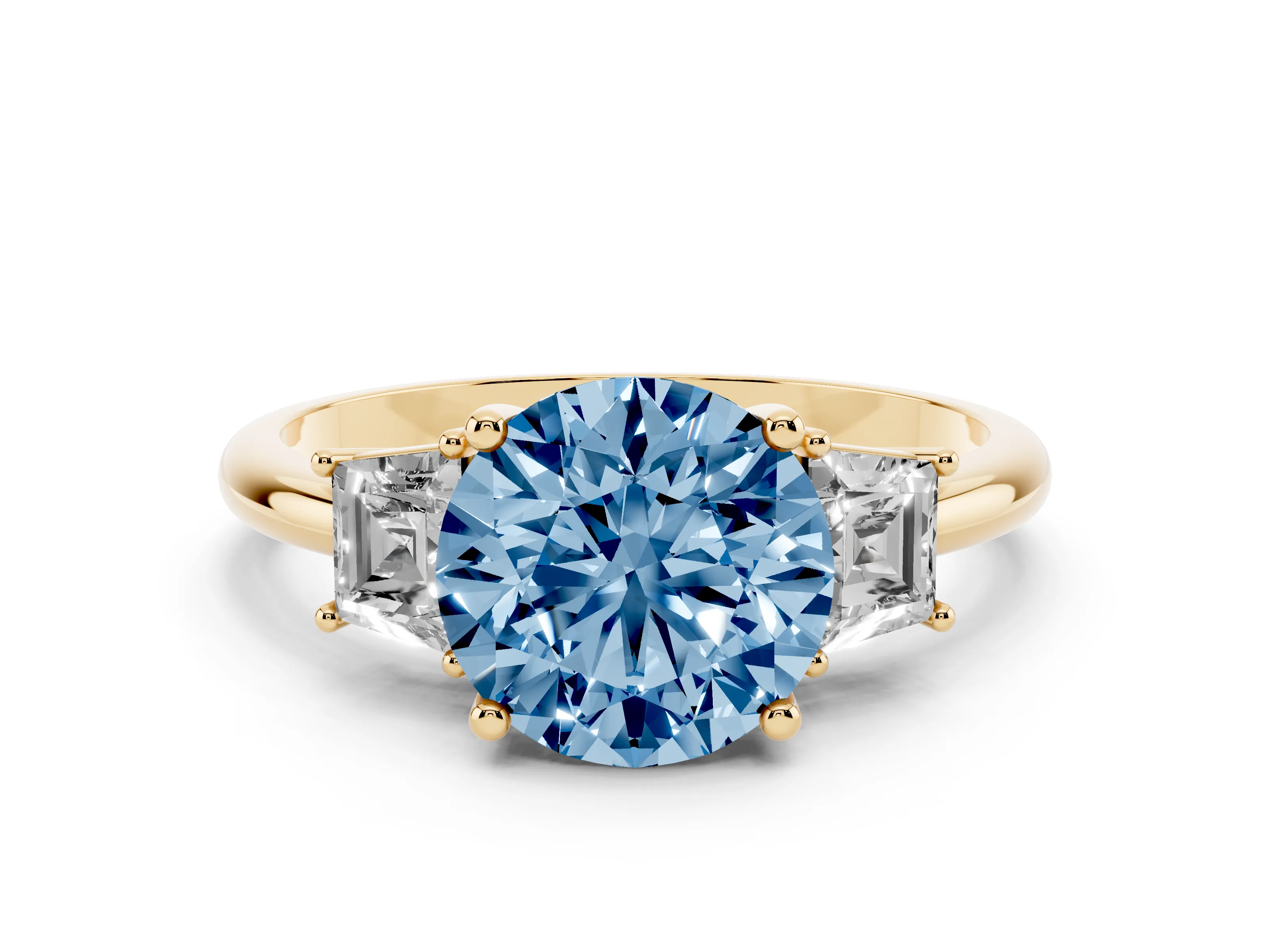 Fancy Blue Round Cut Diamond Three-Stone Ring Set in Yellow gold with Trapezoid Side Stones and Prong Setting