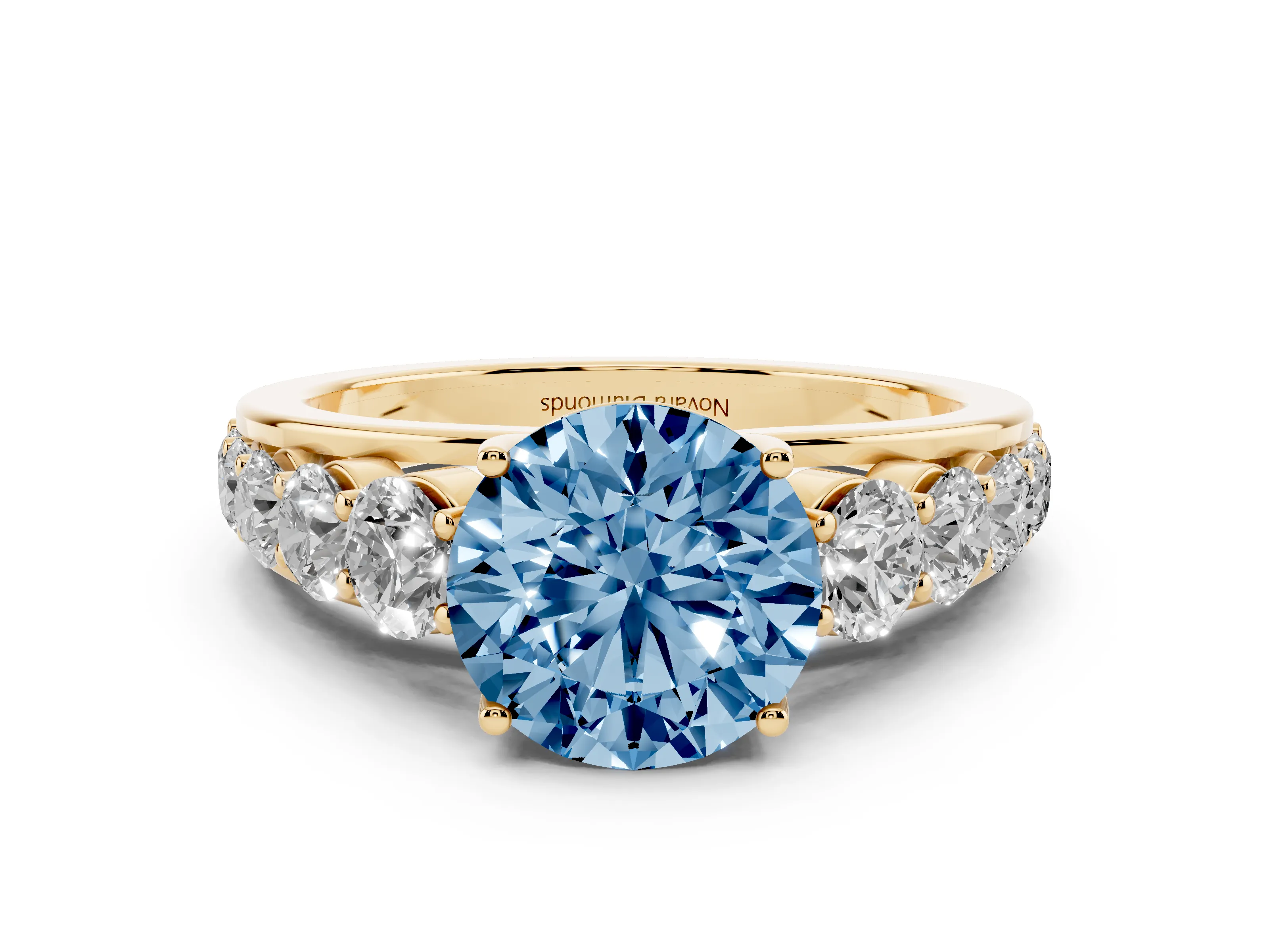 Fancy Blue Round Cut Diamond Solitaire Ring Set in Yellow gold with Pavé-Set Band and Prong Setting